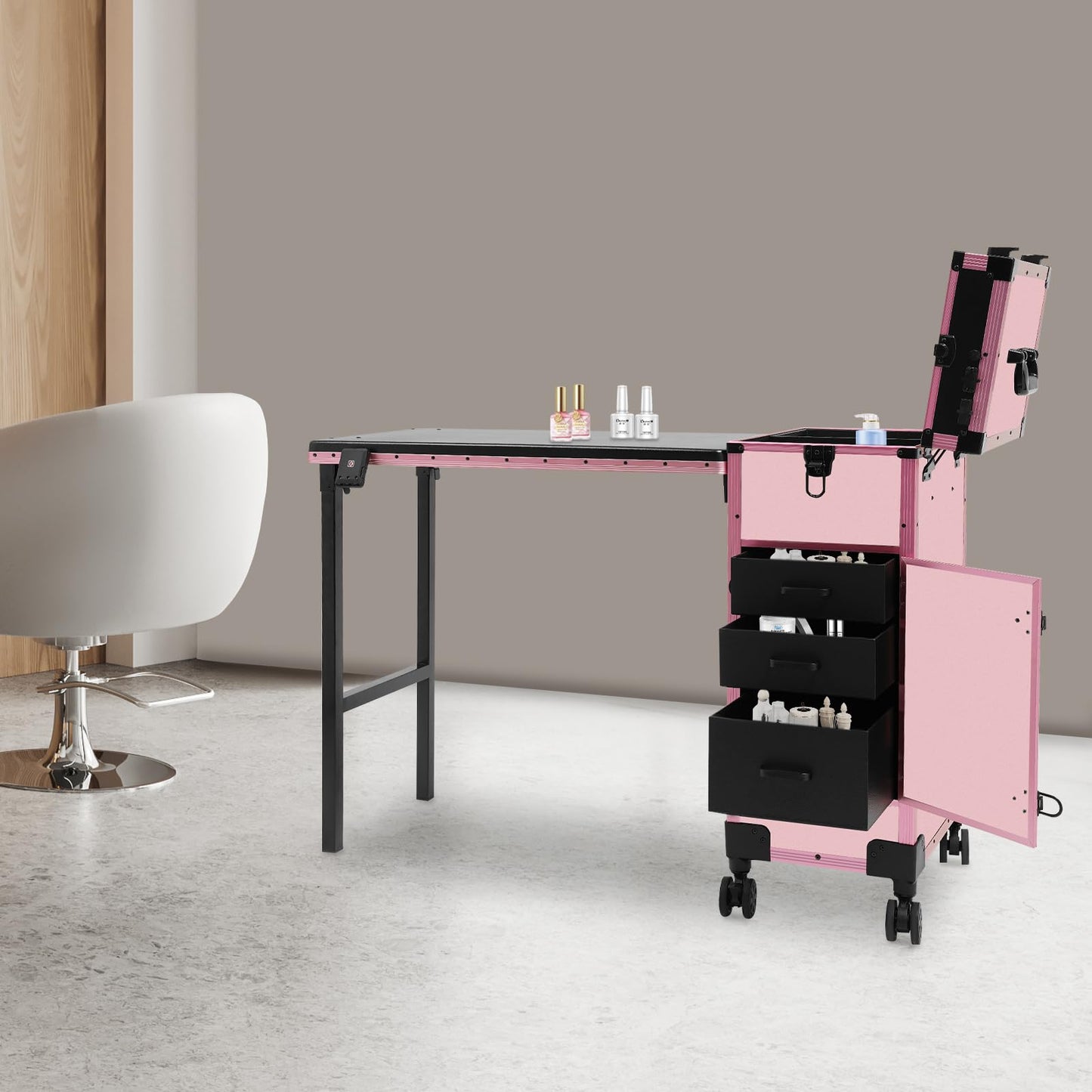 faoeqqEga 3 Tier Rolling Makeup Case w/Mirror, 110 Lbs Foldable Beauty Station w/Lighted Vanity, Aluminum Frame Travel Cosmetic Organizer for Stylist & Salon (Pink)