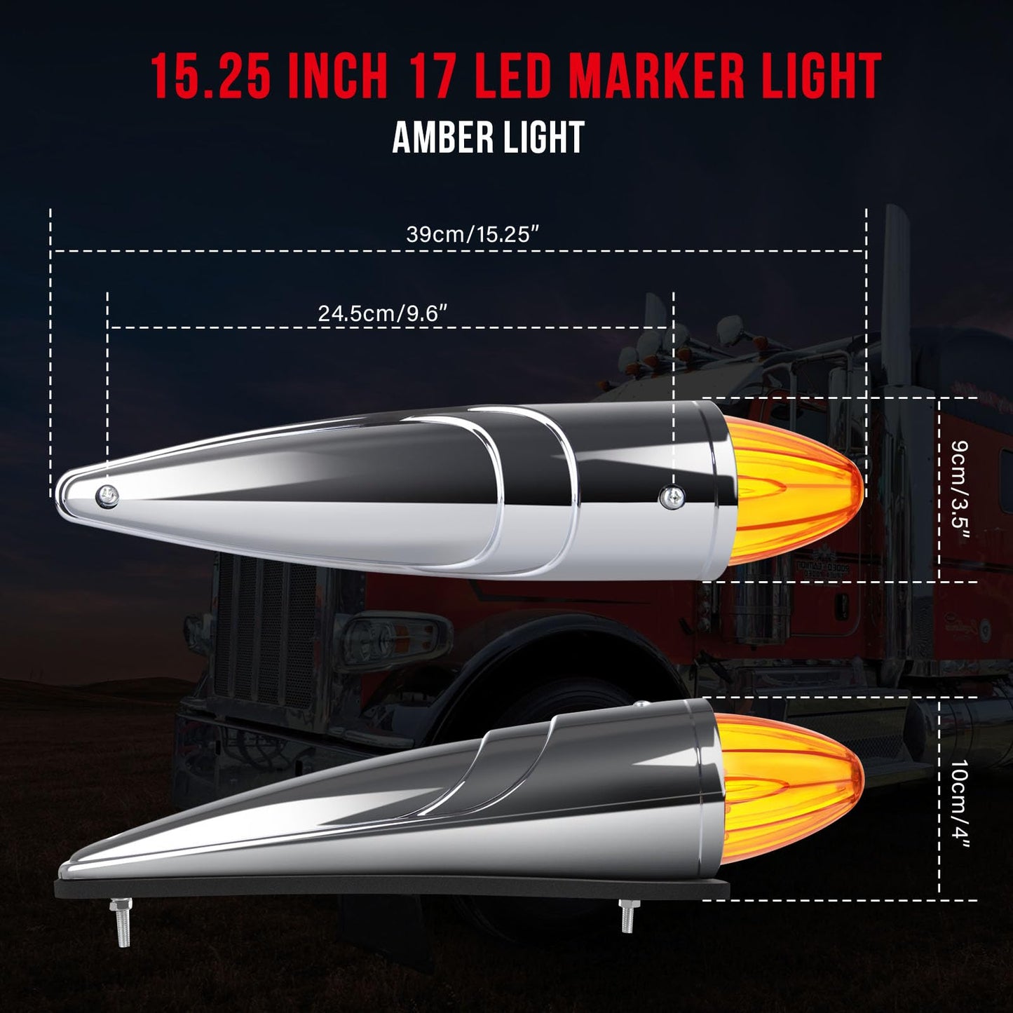 cciyu 11x Truck Cab Marker Light 17 LED Torpedo Cab Marker Lights Chrome Heavy Duty Trucks Replacement for International Kenworth/Peterbilt/Freightliner/Mack Amber Top Roof Running Light