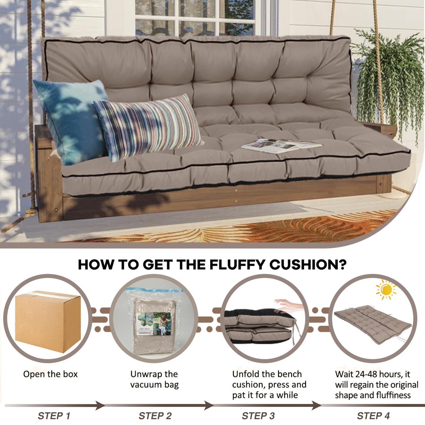 HIYEN Porch Swing Cushions 3 Seater Replacement, Waterproof Bench Cushions for Outdoor Furniture with Backrest, 4" Thickened Patio Swing Cushion with Ties (Khaki, 55 * 40 inch)