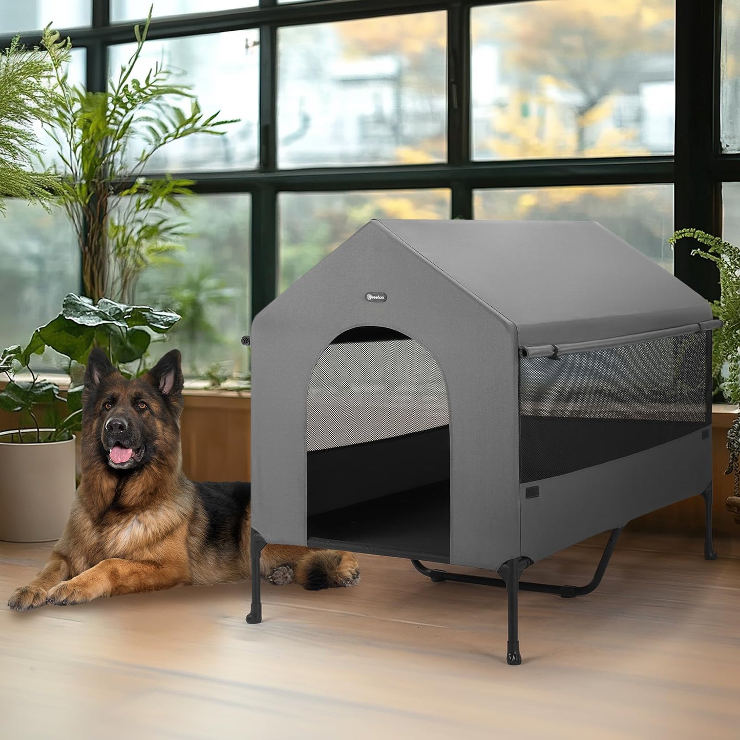 Veehoo 47" Dog House, 2-in-1 X-Large Dog House Outdoor Indoor Weatherproof, Outside Elevated Dog Cot Bed Dog Tent Shade, Three-Sided Breathable Mesh Windows and Sunshades, CWC2435CP
