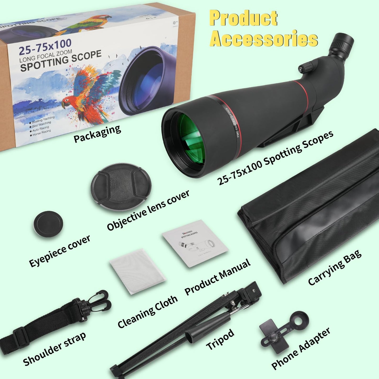 BOSTRON 25-75x100 Spotting Scope, BAK4 FMC Waterproof Spotter Scope with Tripod Phone Adapter, for Target Shooting Hunting Wildlife Bird Watching