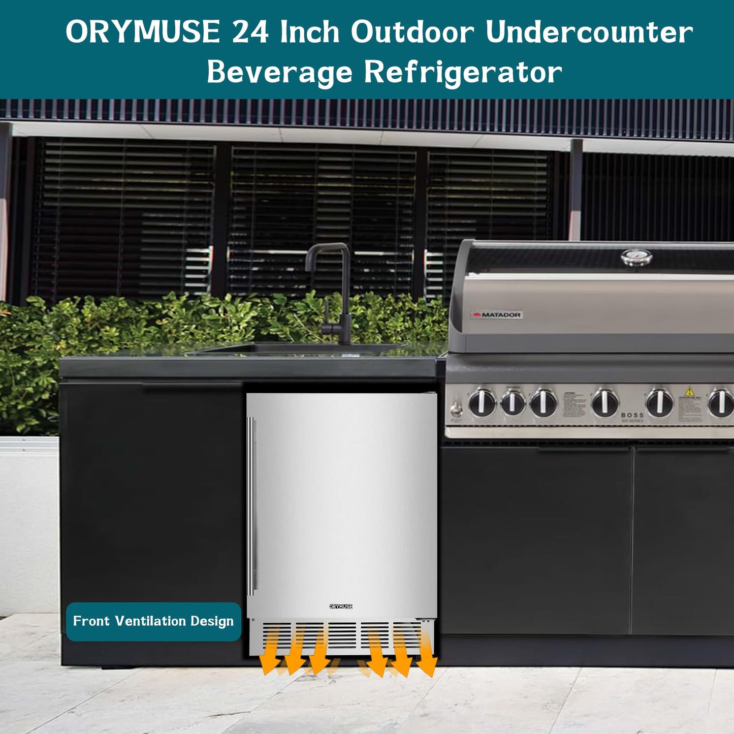 ORYMUSE 24" Outdoor Beverage Cooler Fridge - Undercounter Refrigerator, Stainless Steel Seamless Door - Holds 180 Cans, Powerful Cooling Compressor - Patio Kitchen, Commercial Use