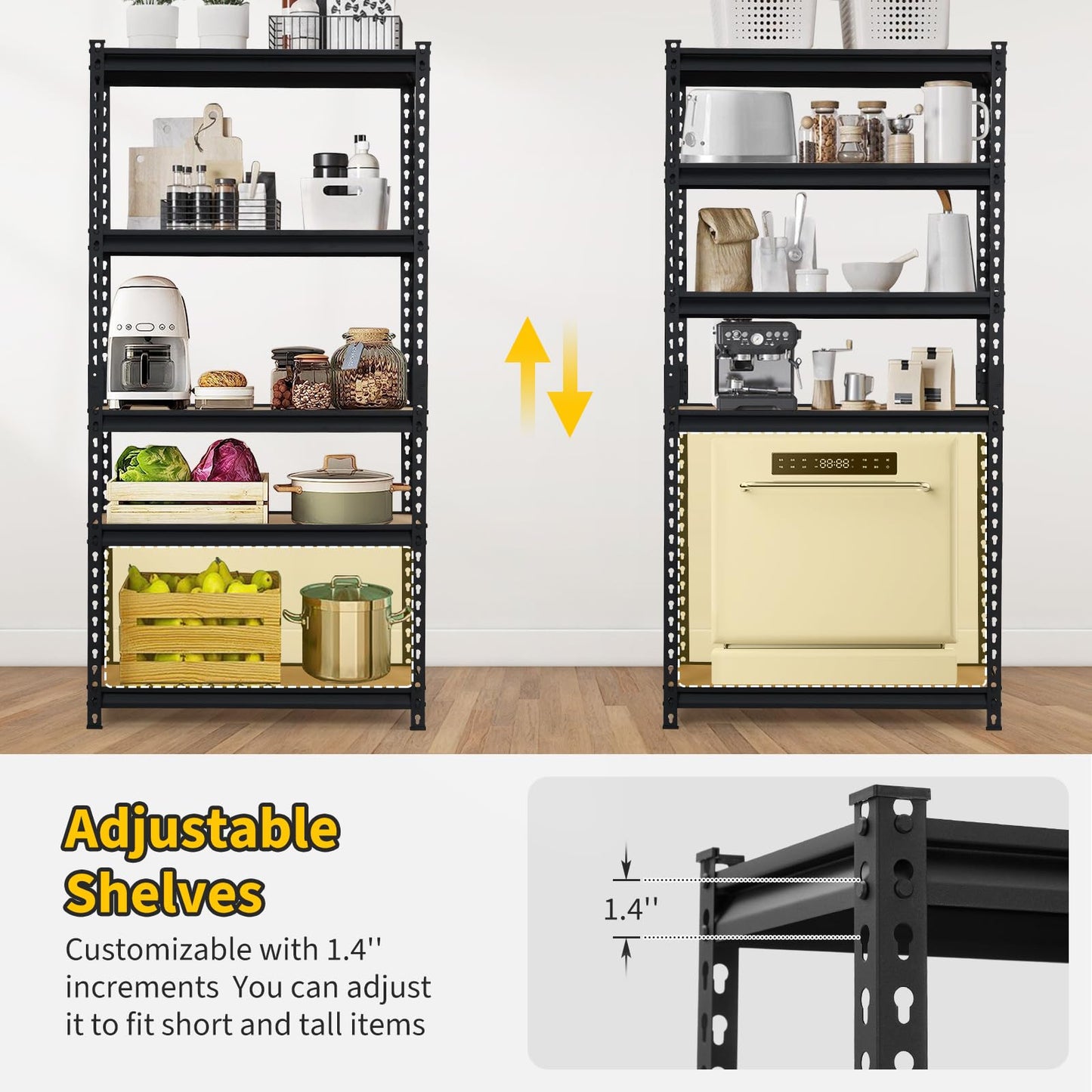 5-Tier Metal Adjustable Storage Shelving Unit, 2000 LBS Heavy-Duty Garage Shelve, 48'' x 24'' x 72'' Shelf Organizer for Garage, Kitchen, Bathroom Laundry, Closet (Black)