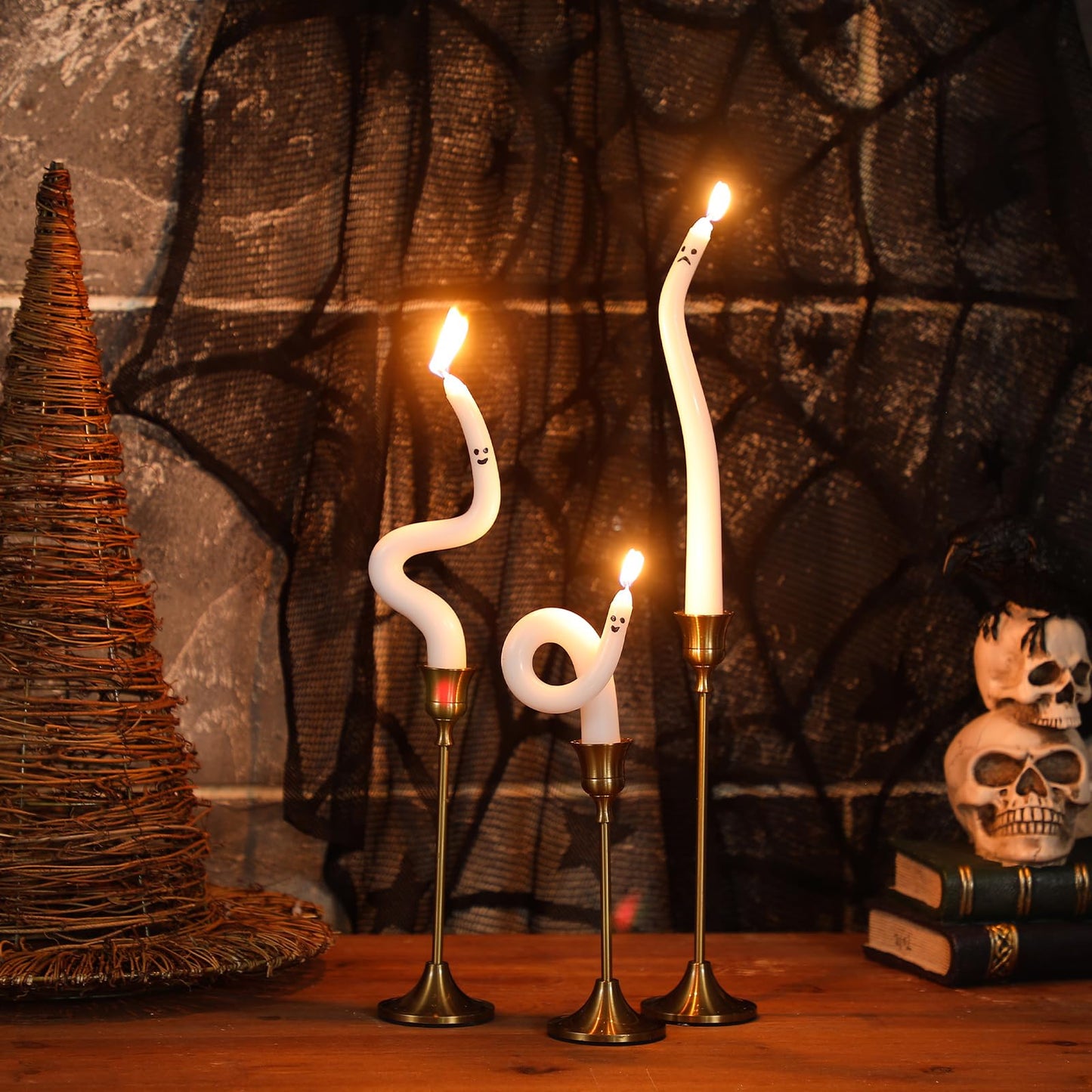 Nuanchu 5 Pack White Ghost Taper Candles Halloween Spiral Unscented Twisted Candlestick Halloween Decor Candle for Home Ghost Spooky Party Dinner Table Birthday Decorations