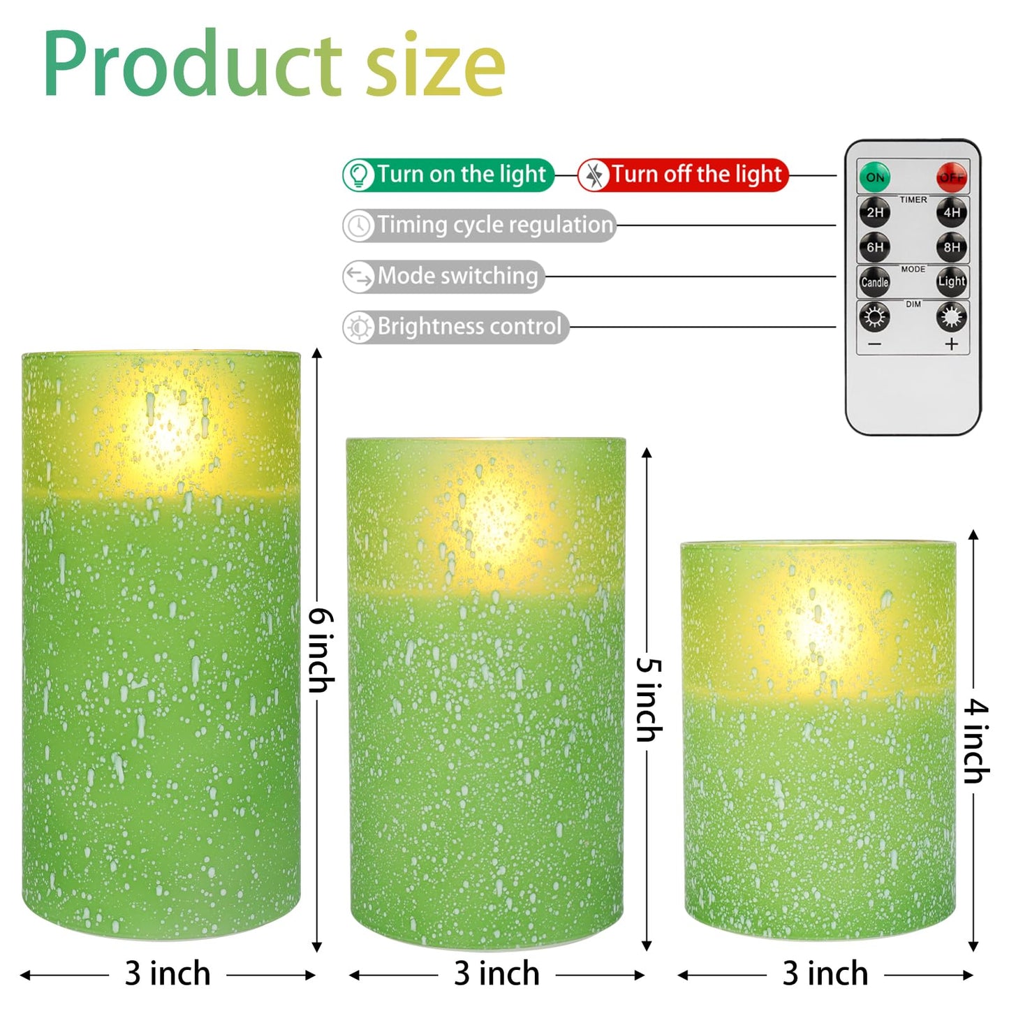 COVEGE Green Flameless Candles with Remote, Glass Flickering Battery Operated LED Pillar Candles with Timer, Real Wax, Set of 3 x4/5"/6"