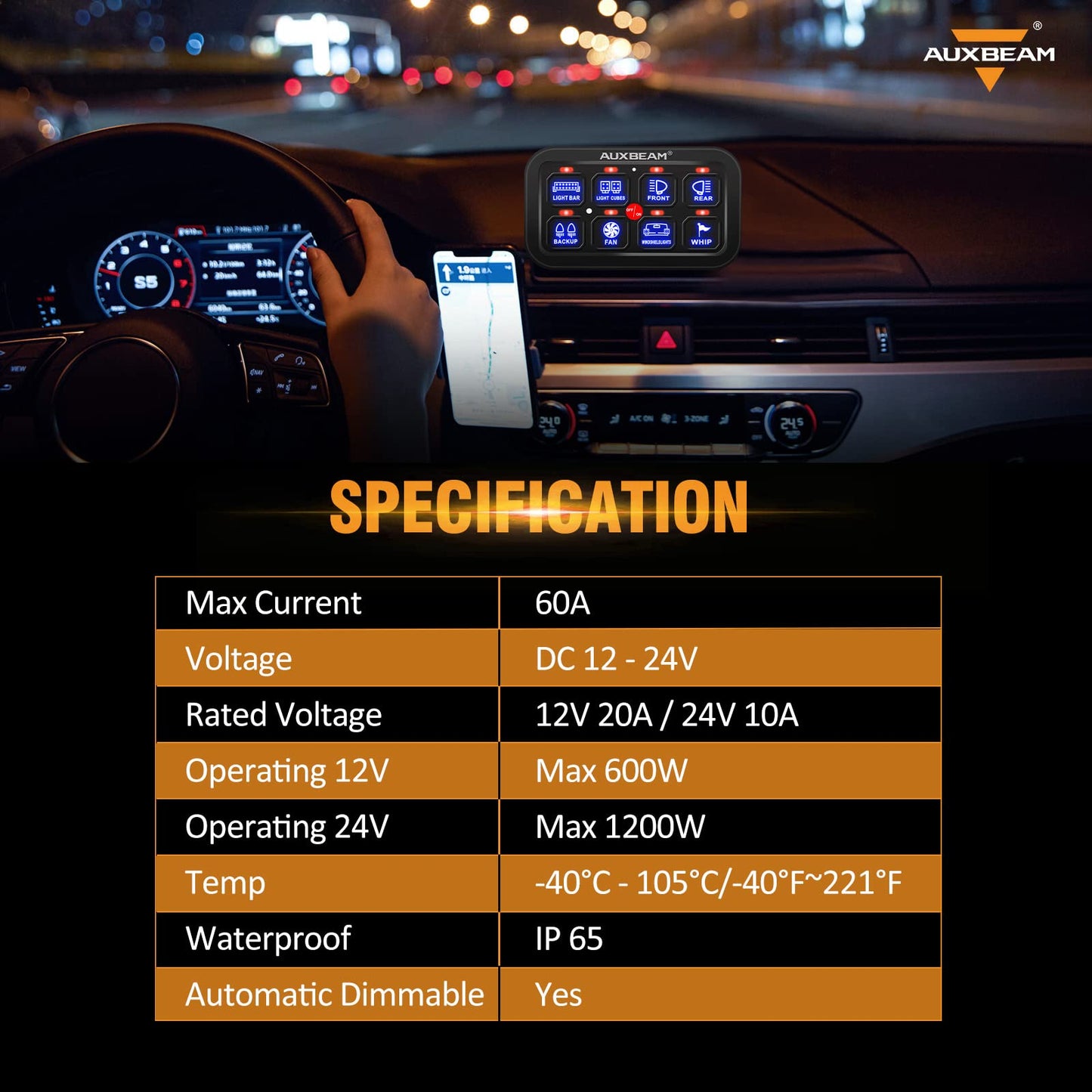 Auxbeam 8 Gang Switch Panel BA80, Universal Circuit Control Relay System Box with Automatic Dimmable On-Off LED Switch Pod Touch Switch Box for Car Pickup Truck Boat UTV ATV, Blue 3 Years Warranty