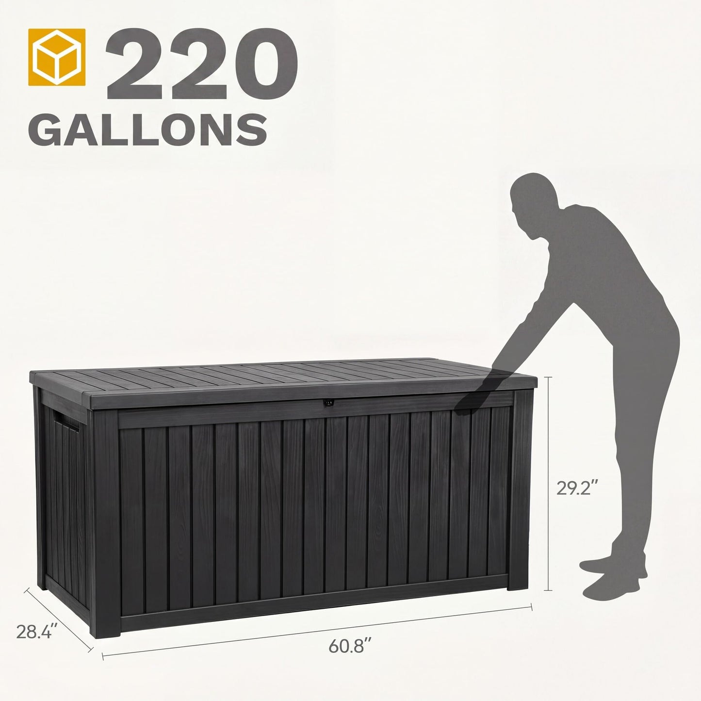 DWVO 220 Gallon Extra-Large Patio Deck Box, Waterproof Resin Outdoor Storage Box with Removable Divider for Patio, Garden, Pool, Furniture and Tools, Black