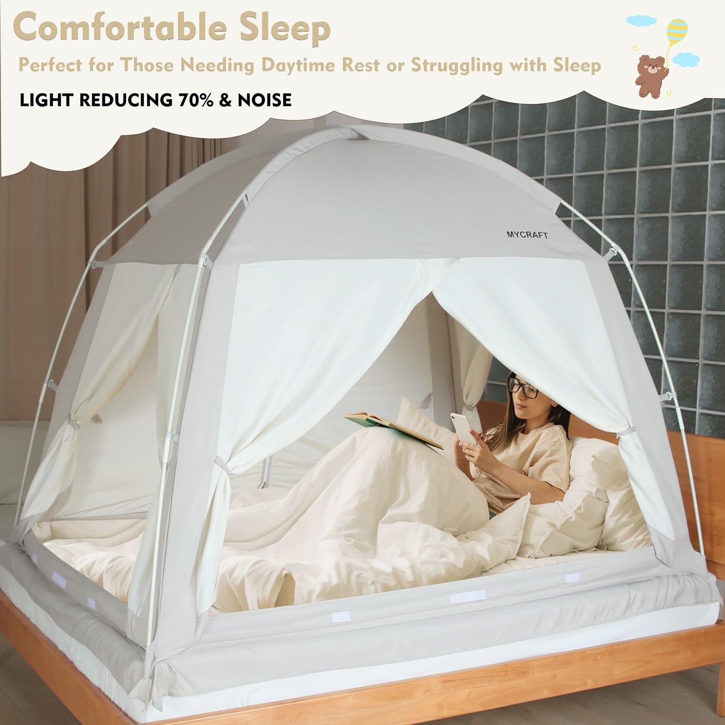 Bed Tents Canopy Bed–Privacy Dream Tent for Cozy Indoor Sleeping, Light-Reducing,and Breathable, with 4 Doors Floor Tent Bed–Available in Twin, Full, and Queen Sizes (Gray, Queen)