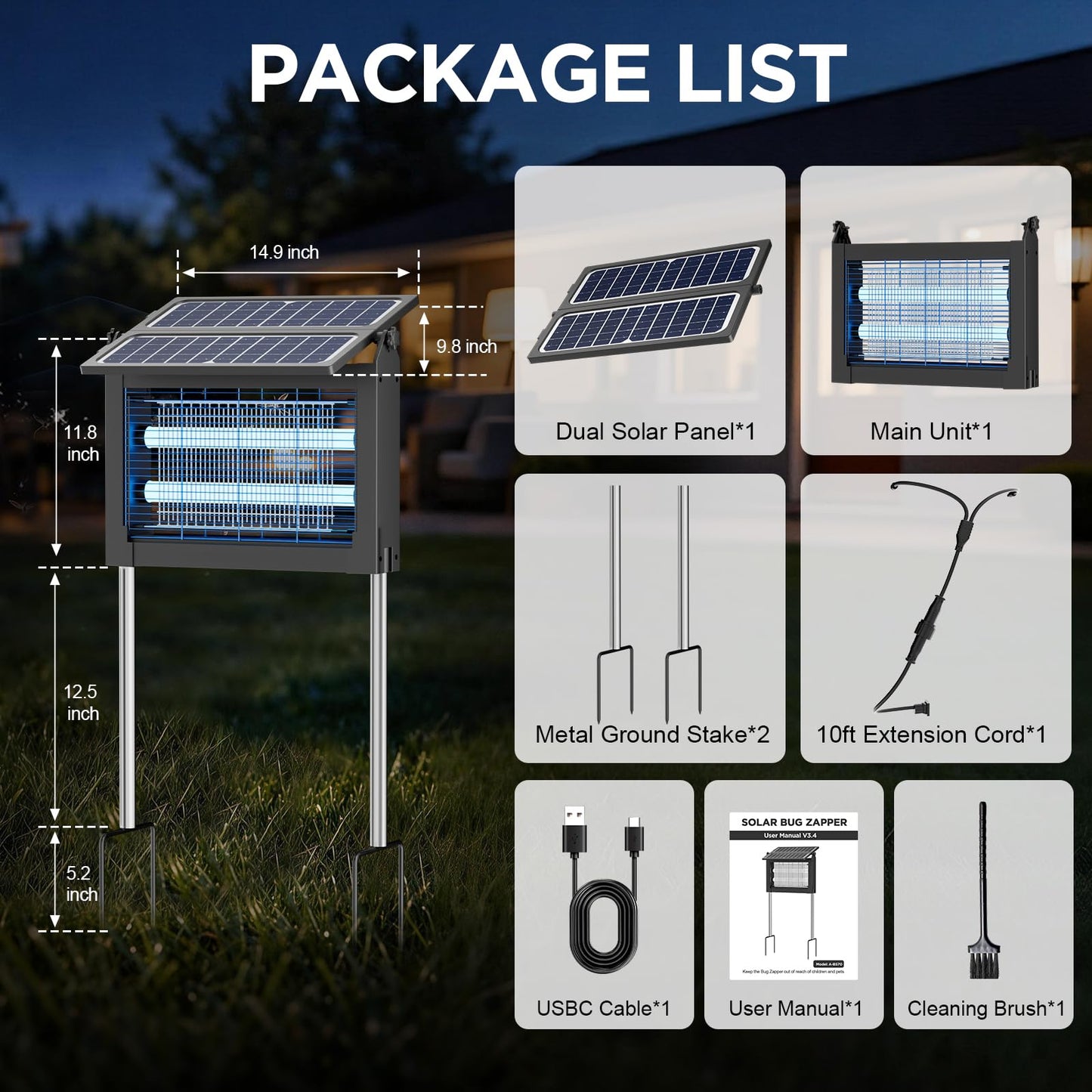 Solar Bug Zapper Outdoor, 4500V Outdoor Mosquito Zapper with Detachable Fold-Down Solar Roof Panel, IPX5 Waterproof Solar Powered Bug Zapper for Patio Yard Garden Backyard Camping, Hanging Stake Use