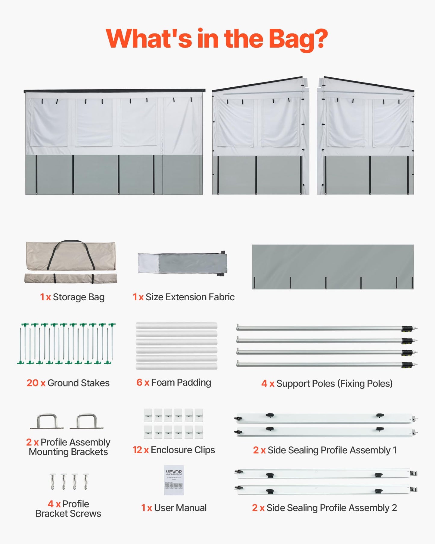 VEVOR RV Awning Sun Shade Room - Compatible with 16-17 ft Awnings, RV Awning Sun Shading Room with Door & Ventilated Mesh Windows, Sunproof & Windproof Three-Sided Enclosure Tent for RV Camping