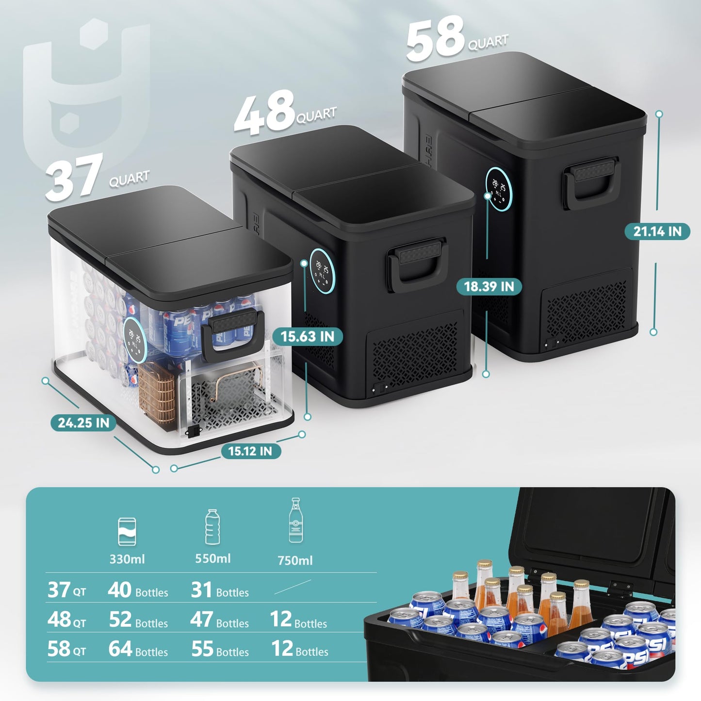 EUHOMY 12 Volt Refrigerator, 58QT Dual Zone Electric Cooler APP Control, Car Refrigerator with 12/24V DC 110-240V AC, Car Fridge -4℉~68℉, Portable Freezer Aluminum Interior for Camping,Trip,Home,Truck