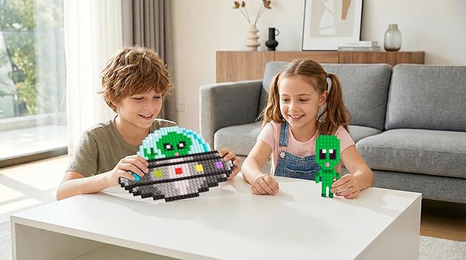 Pix Brix Space Bottle – UFO Set | 965-Piece 2D & 3D Alien Building Kit for Kids 8+ | Reusable Storage Bottle Keychain Clip Pixel Art Blocks | Creative STEM Toy Compatible with Major Brick Brand