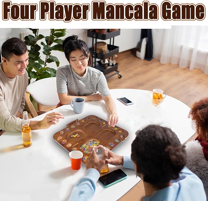 4 Player Wooden Mancala Board Game4 Player Mancala Board Game Set Great Glass BeadsClassic & Portable Marble Game for Family Night and Travel