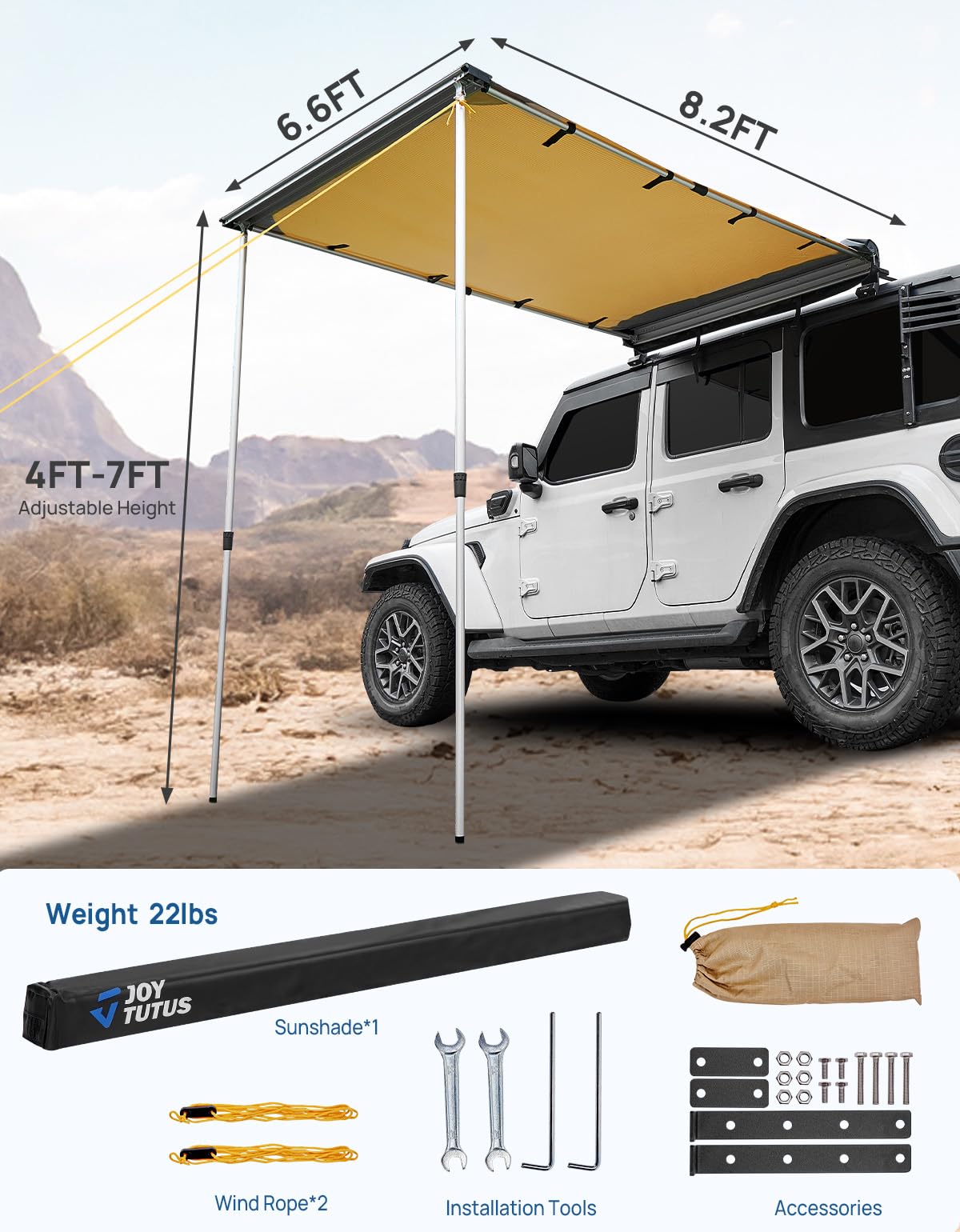 JOYTUTUS Vehicle Awning 6.6'x8.2' Roof Rack Pull-Out Sun Shade UV50+, Weatherproof 4x4 Side Sunshade for Camping, Car Awning with Adjustable Hardware, Quick Set-up, SUV/Truck/Van/Jeep
