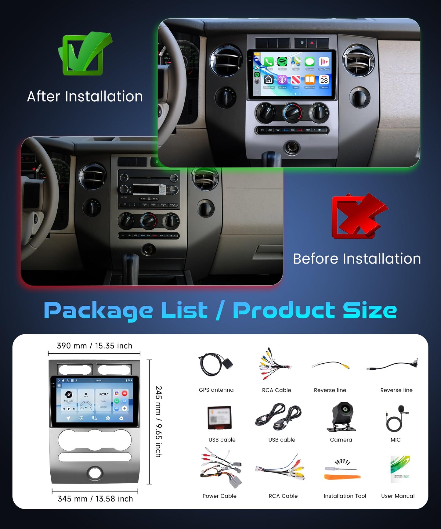 Rimoody 4G+64G Android 15 Car Stereo for Ford Expedition 2007-2014 (Manual A/C) Wireless Carplay Android Auto, 9'' in-Cell Screen Head Unit with GPS/Bluetooth 5.0/FM RDS/EQ/5G-WIFI Backup Camera SWC