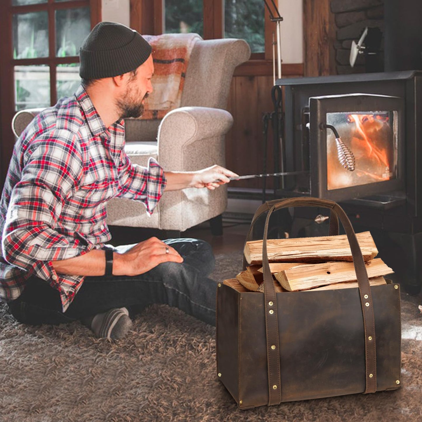 Woodman's Premium Cowhide Leather Log Carrier, Handcrafted Heavy-Duty Firewood Bag for Outdoor Camping, BBQ