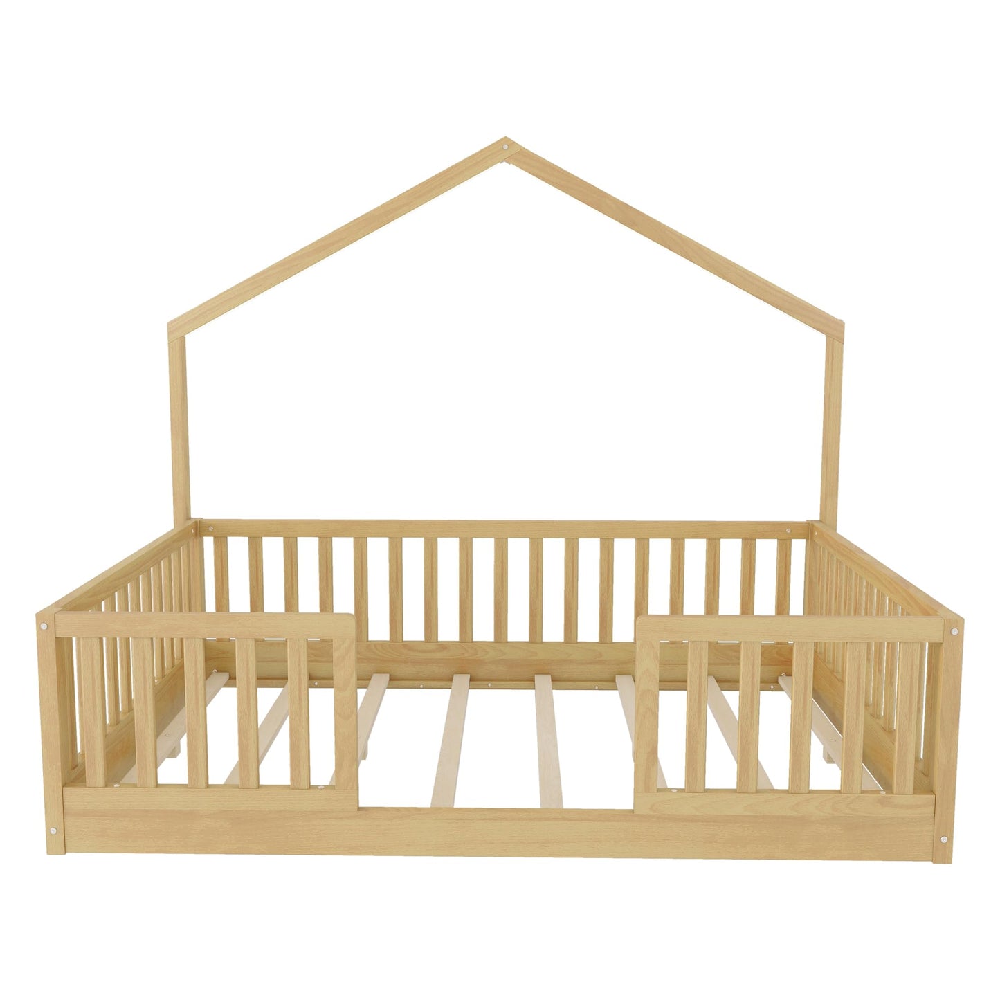 KEIKI Full House Shaped Floor Bed, Kids Montessori Platform Bed Frame with Light & Tall Rails, Solid Beds Frames Full-Size for Boys Girls Bedroom, No Box Spring Needed, Easy Assembly, Brown