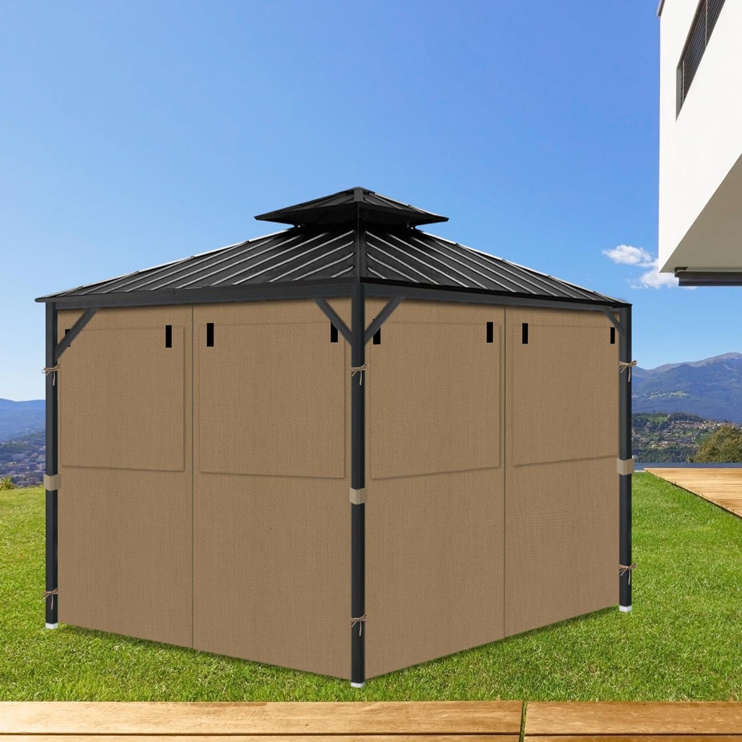aonear Gazebo Privacy Curtains 10' x 10' with Mosquito Windows, 4-Panels Side Wall with Zipper Universal Replacement for Patio, Outdoor Canopy, Garden and Backyard, Khaki (Curtain Only)