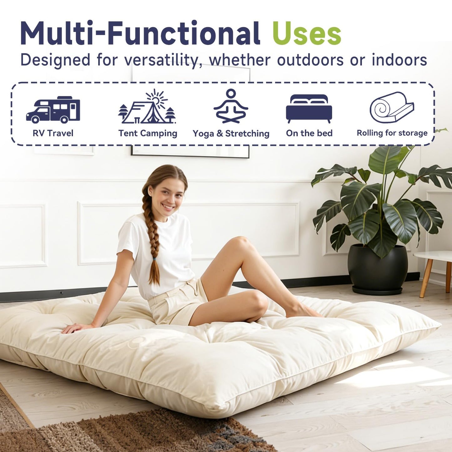 KOSRLY 6" Futon Mattress Full Size, Tufted Futons Sofa Couch Bed with Twisted Rope Design Edging,Versatile Floor Mattress for Adults,Shredded Foam Filling (Frame Not Included Beige, Queen)