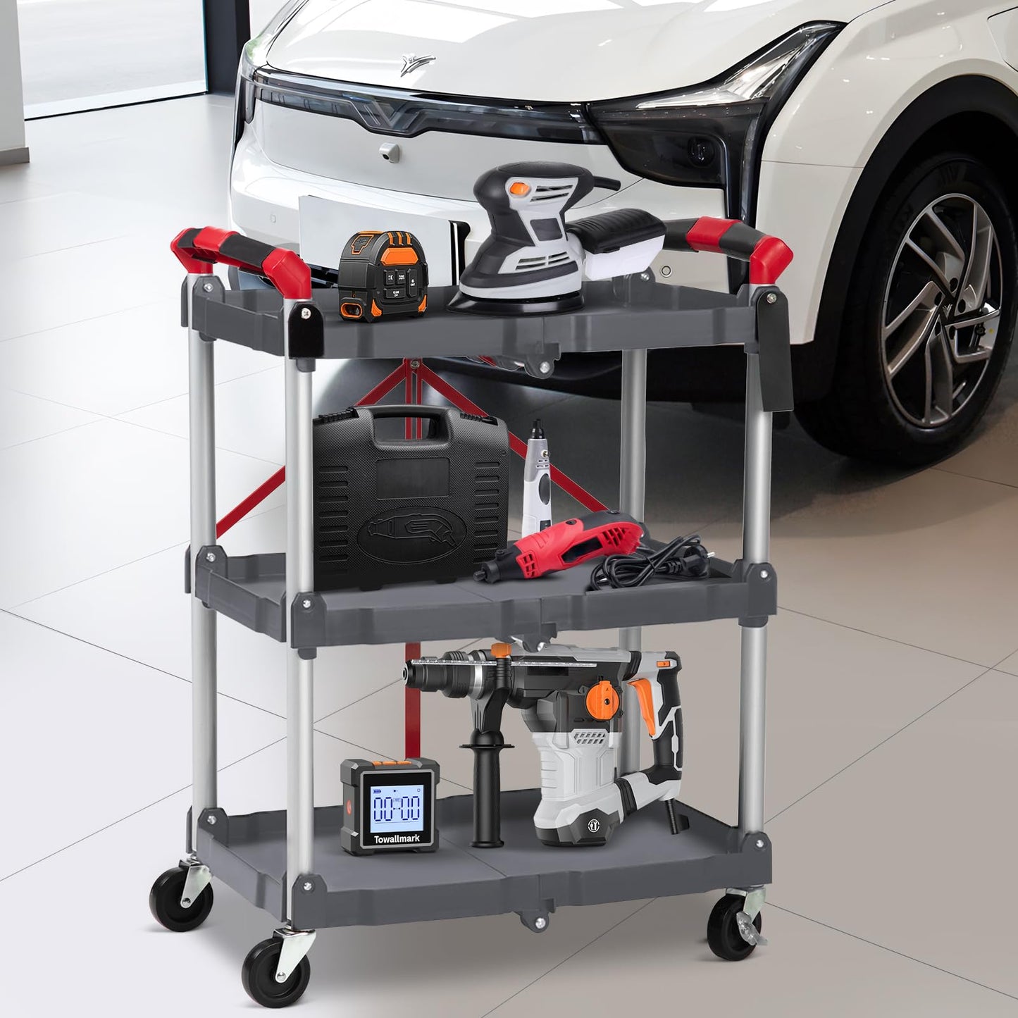 Garvee Collapsible Folding Utility Cart with Wheels, 3 Tier Rolling Service Cart for Kitchen, Office, Shopping, Garage