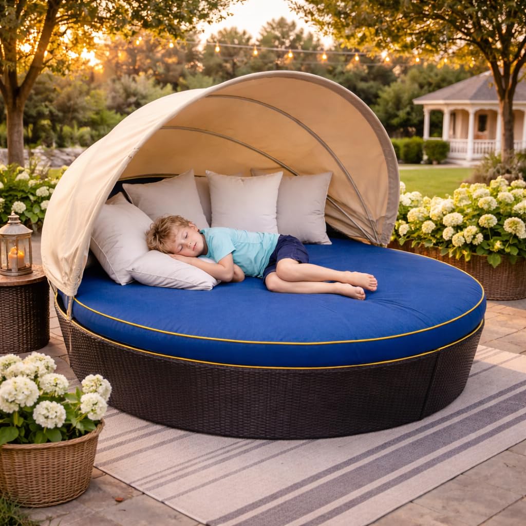 YFIWDBRO Outdoor Round Daybed Cushion, 66'' Patio Sunbed Replacement Pad for Rattan Furniture, 4'' Thick Circle Lounger Mattress for Garden, Poolside and Balcony (66'' x 4'') Navy Blue