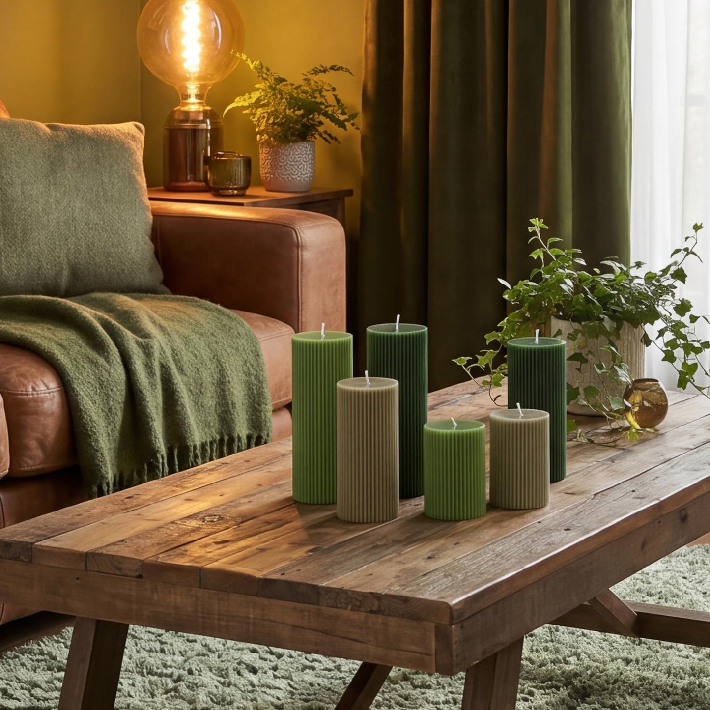 Lyrow 6 Pcs Ribbed Pillar Home Decorative Candles Aesthetic Modern Home Decor Soy Wax Unscented Pillar Candles Width 3" High 4" 6" 8" for Bathroom Living Room Wedding Dinner Party(Green)