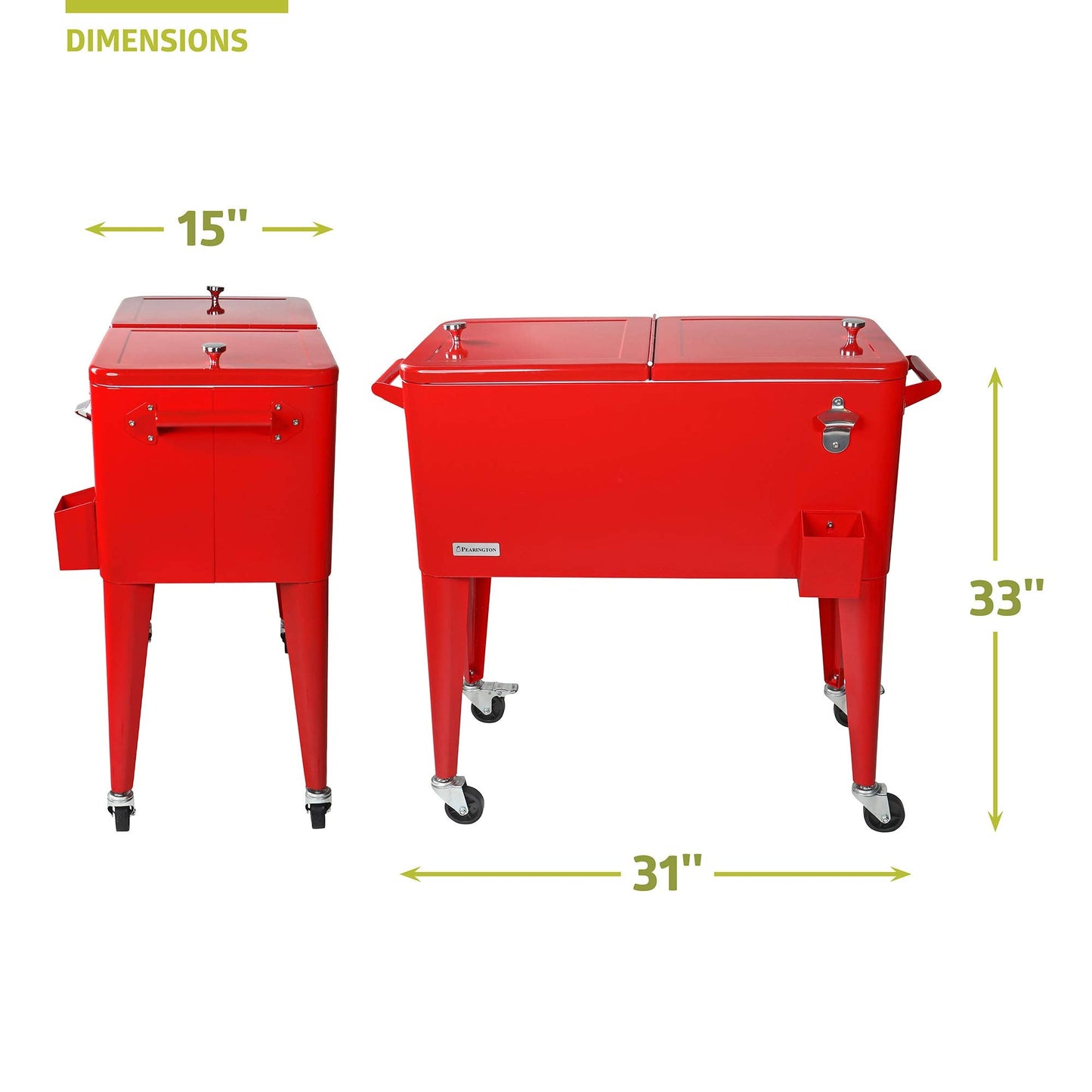 Pearington 80 Quart Rolling Ice Chest, Portable Patio Party Bar Drink Cooler Cart, with Shelf, Beverage Pool with Bottle Opener, Red