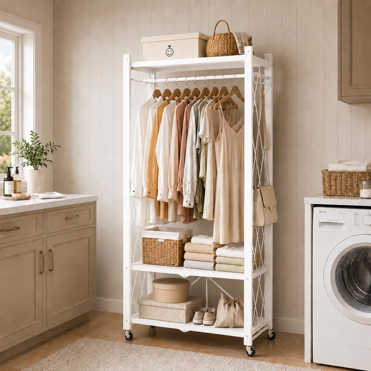 Sharkwave Living Foldable Clothing Rack with Wheels, Portable Folding Clothes Rack Organizer with Shelves and Side Hooks, Collapsible Wardrobe Closet for Bedroom or Laundry Room๏ผWhite