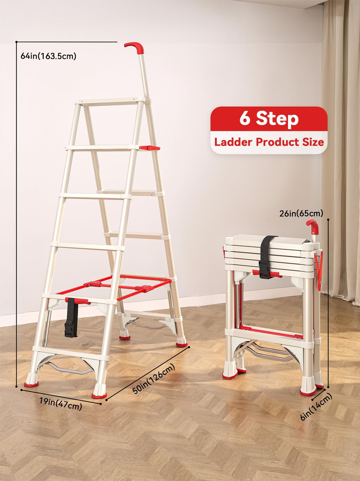 6-Step Folding Step Stool, 5.4 FT Compact Climbing Ladder with Secure Lock, Wide Non-Slip Steps & Anti-Skid Feet, Portable Carbon Steel Folding Ladder for Home, Garage, Warehouse,White