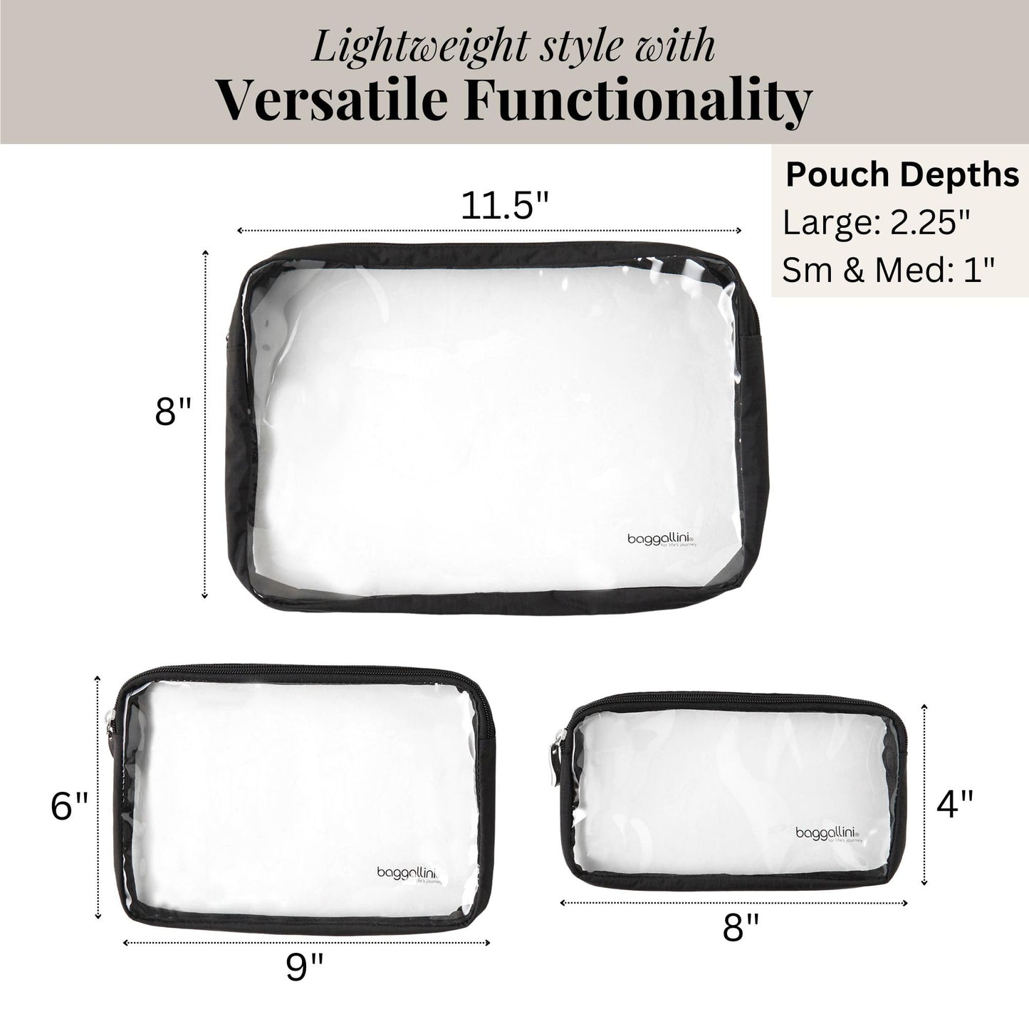 Baggallini Travel Accessory Bundle - Compression Cube 3-piece set + Clear Travel Pouches + Small Pocket Cosmetic + Hanging Travel Toiletry Kit