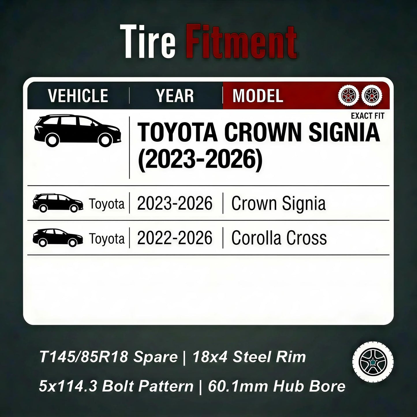 YIFSPARE Spare Tire Kit Compatible with Toyota 2023-2026 Crown Signia, 2022-2026 Corolla Cross - Includes 18x4 Rim, 145/85R18, 27.7” Rolling Diameter, Includes car Jack kit and tire Carrying Case