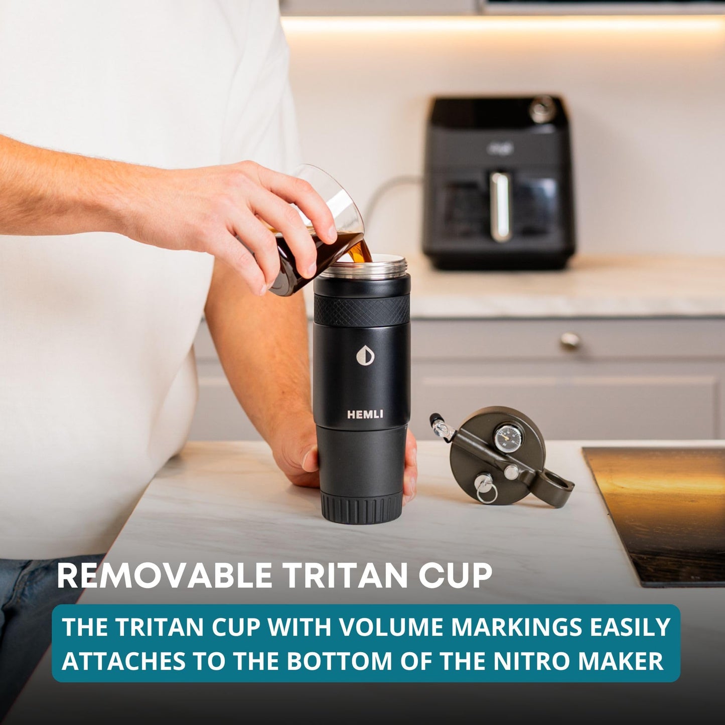 Hemli Nitro Cold Brew Coffee Maker 12 oz Ceramic-Lined, Tritan Cup, Pressure Gauge, Stores 3 Nitrogen Gas Bulbs Custom Designed for Cold Brew and Nitro Drinks