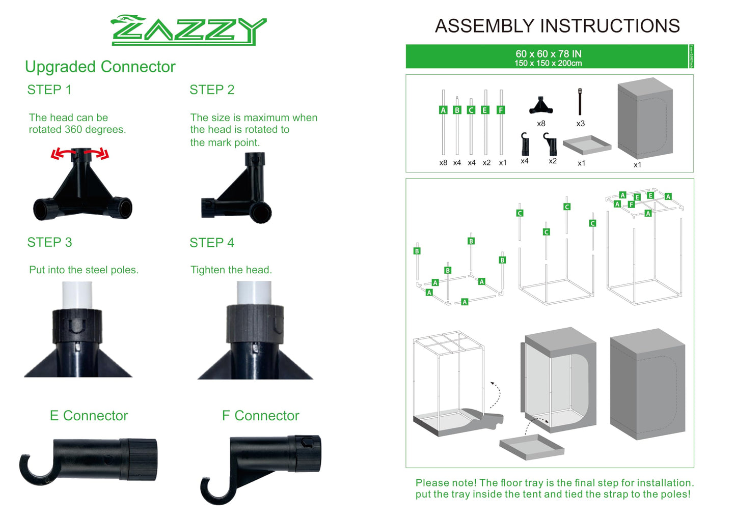 zazzy Grow Tent 60"x60"x78" Hydroponic Grow Tents Heavy Duty Dark Room Grow Reflective Mylar Grow Tent with Window & Floor Tray for Indoor Plant Growing