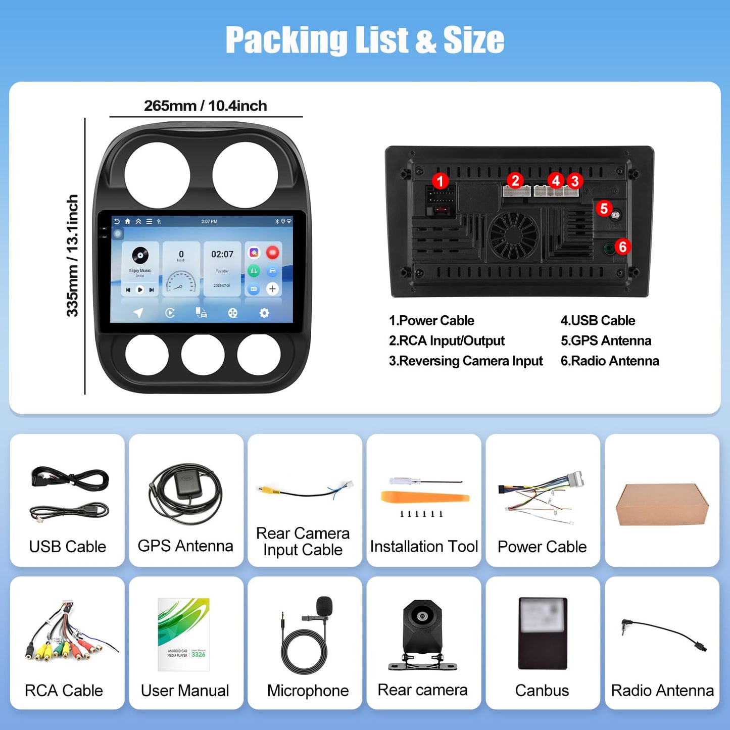 4+64G Android 15 Car Stereo for Jeep Compass Patriot 2010-2016 with Wireless Carplay Android Auto, 10.1" 1280 * 720P IPS Touchscreen Head Unit 32-EQ Bluetooth-5.0 GPS WiFi FM/RDS SWC Rear Cam+Canbus
