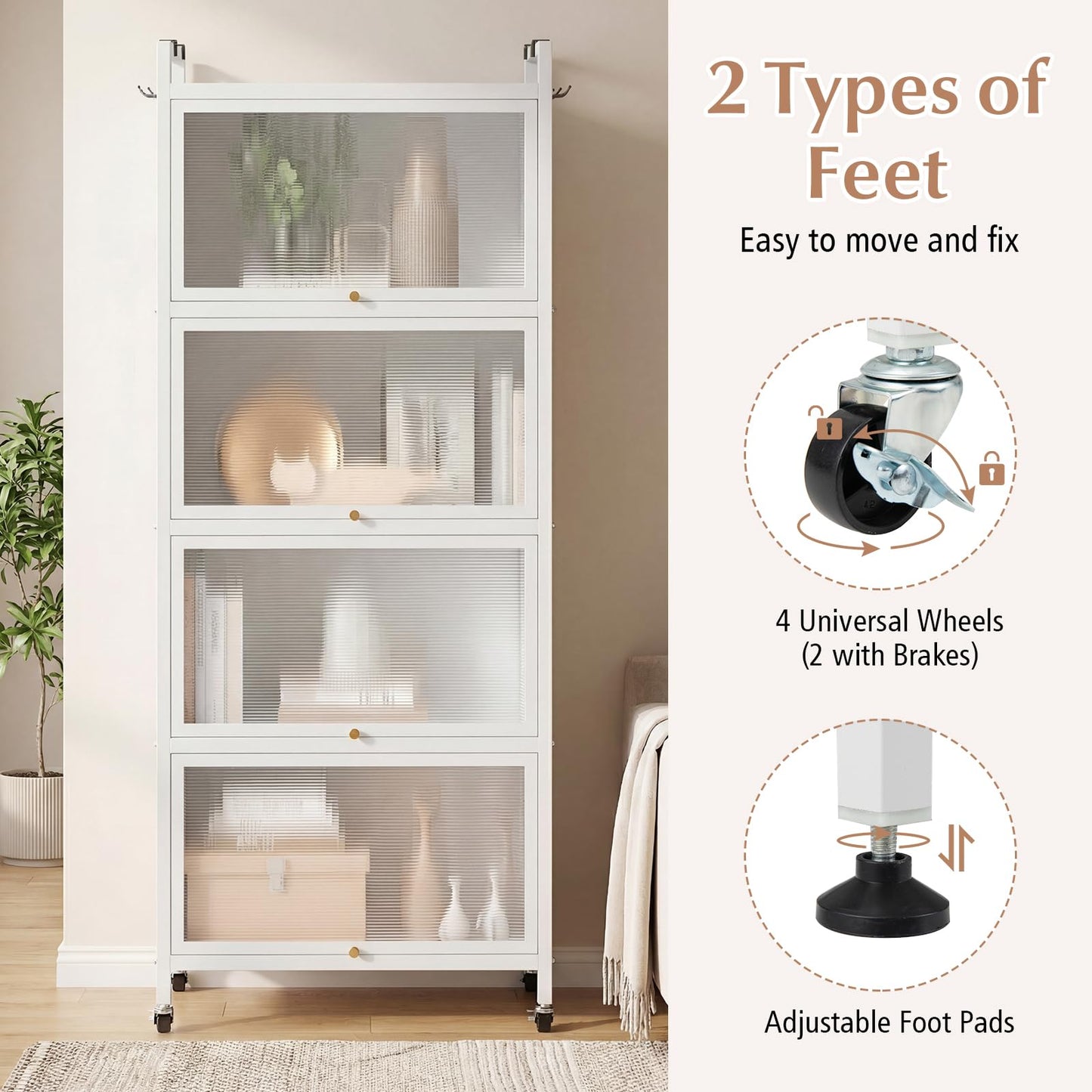 Giantex 5-Tier Kitchen Storage Cabinet, Mobile Microwave Stand with Flip-up PC Doors, Freestanding Kitchen Bakers Rack with 4 Rolling Casters, for Dining Room, Living Room and Study (White)