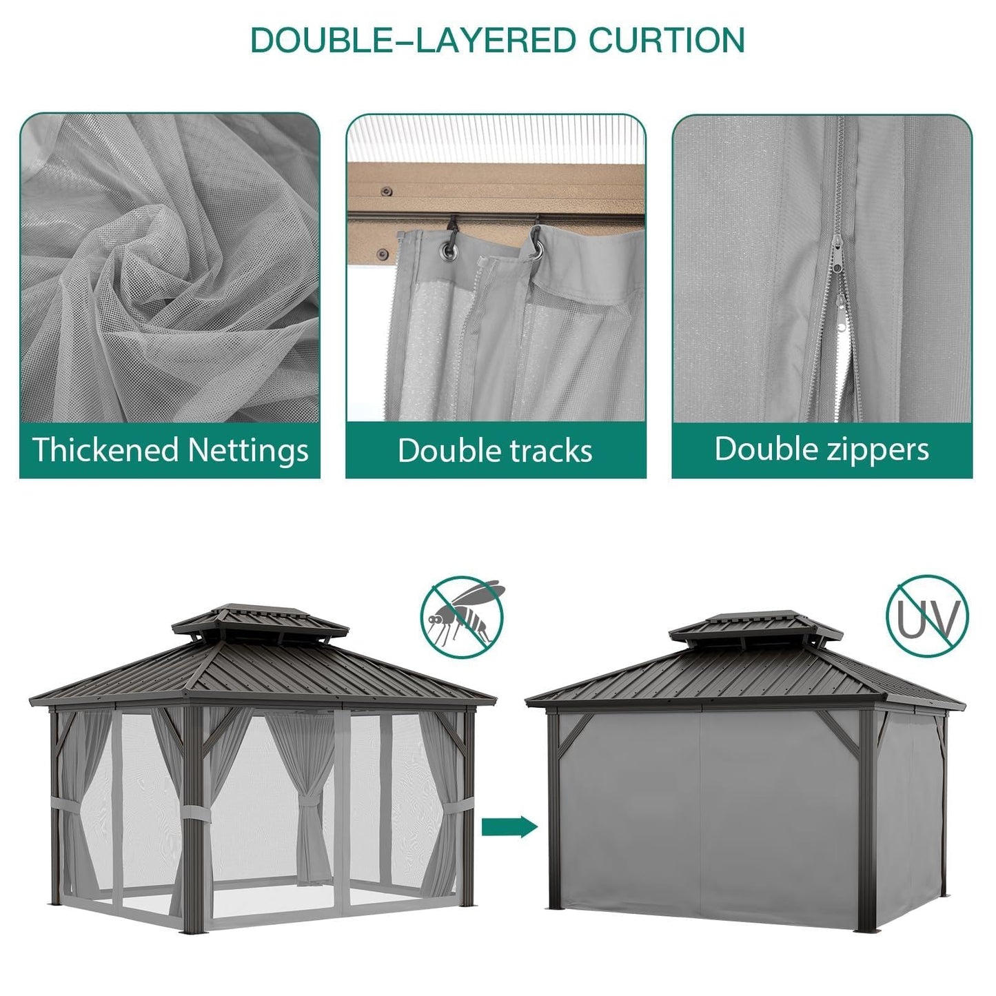 10x12 ft Hardtop Gazebo with Galvanized Steel Double Roof, Heavy Duty Galvanised Steel Hardtop Pavilion with Nettings and Curtains for Party, Wedding, Outdoor Dining, Patio, Backyard
