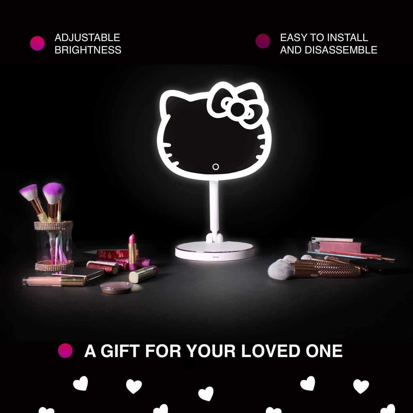 Impressions Vanity Hello Kitty Tabletop Mount LED Cordless Makeup Mirror with 360 Degree Rotation, Touch Sensor Desk Mirror with Light Strip and Adjustable Brightness