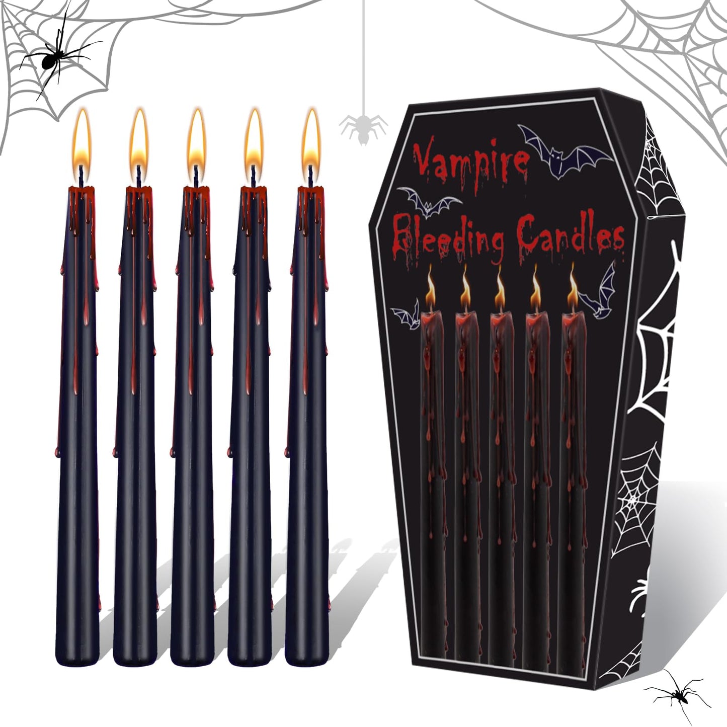 Kenburg Halloween Bleeding Candles Set of 5, 10 in Vampire Tears Black Taper Candles for Home Decor, Gothic About 8 Hour Burn, Party Spooky Decorations
