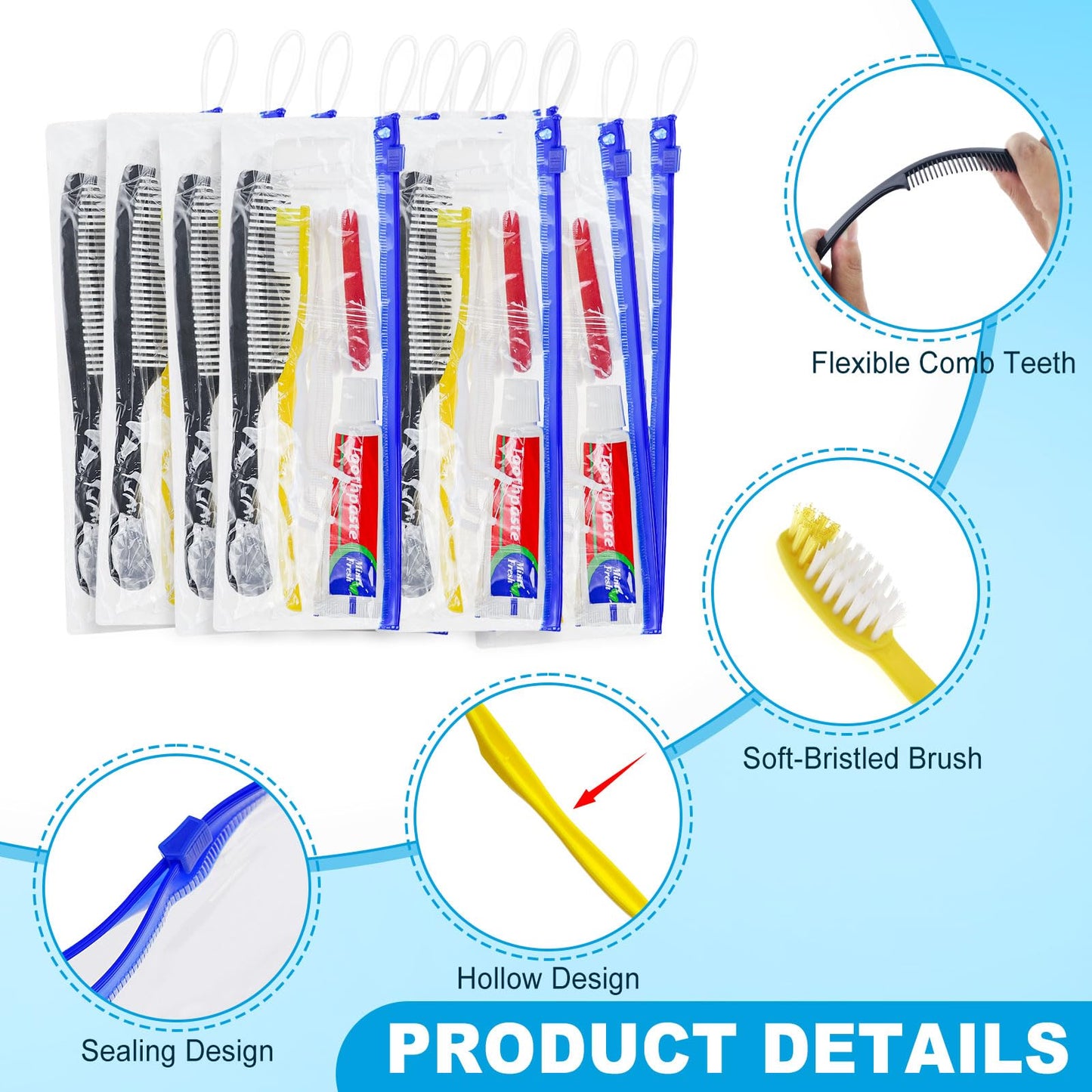 Xuezoioy Personal Hygiene Kit Bulk Pack of 100,Yellow Disposable Toothbrushes with Toothpaste Floss Comb Cover and Hotel Vanity Set Basic Travel Toiletry Kit Supplies for Homeless,Charity,Guests