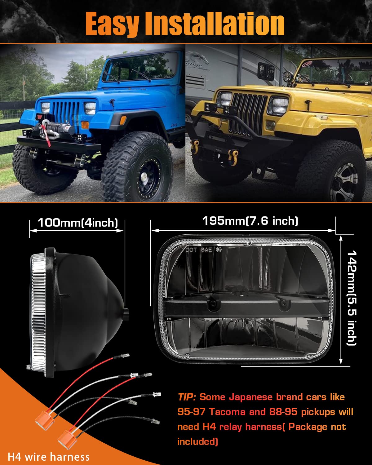 UNI-SHINE 5x7 led headlight 2pcs 7x6 led headlight Reflector Plug and Play H6054 H5054 Hi/Lo Sealed Beam DOT Approved Compatible with jeep Wrangler YJ Compatible with Cherokee XJ