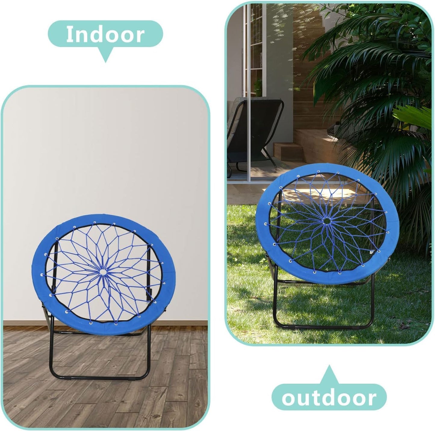 CAMP SOLUTIONS 2 Pack Bungee Bunjo Folding Chair, Saucer Dish Chair Bunjo Chair Outdoor Indoor Use for Camping Game& Recreation Room Livingroom Study (BLUE-2PK)