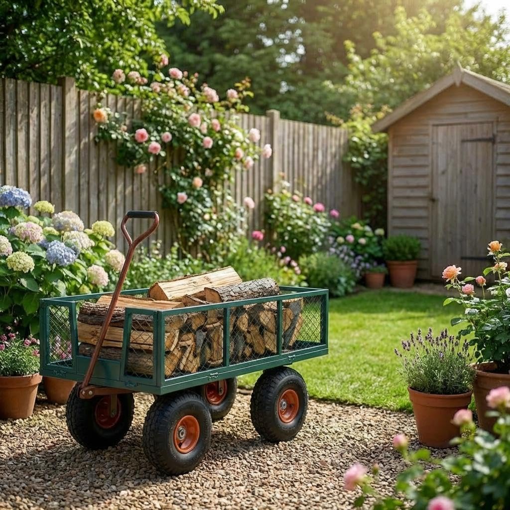 500 LBS Heavy Duty Steel Garden Cart, Metal Utility Yard Wagon with 10" Wheels, 180° Rotating Handle & Removable Mesh Sides for Landscaping, Lawn, Farm, Outdoor Use