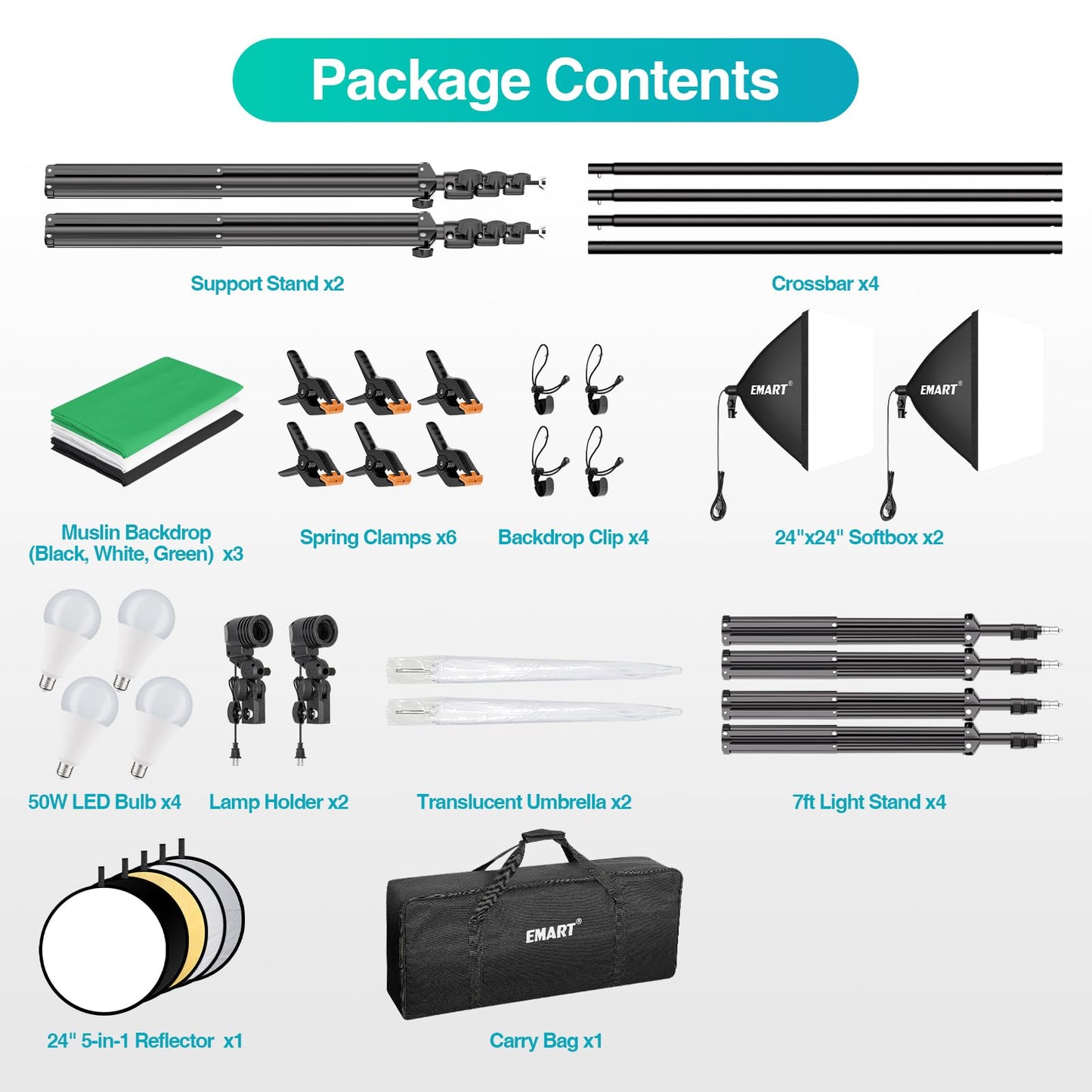EMART 8.5 x 10 ft Backdrop Support System, Professional Photography Lighting Kit with 5500K 50W LED, 6 * 9ft Backdrop *3, Reflector,Umbrellas&Softbox Lighting Kit for Studio, Portrait, Video Shooting