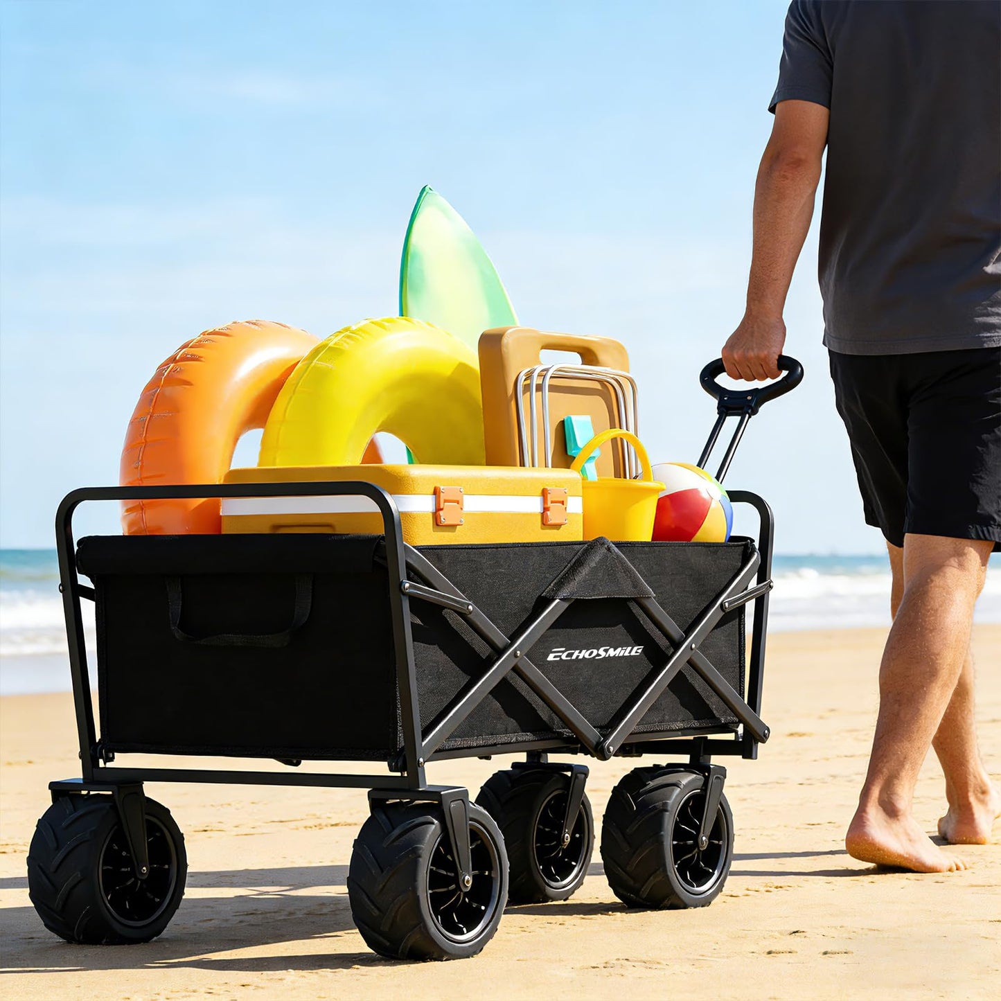EchoSmile Heavy Duty 350 Lbs Capacity Collapsible Wagon, Outdoor Folding Camping Grocery Portable Utility Cart, Adjustable Rolling Carts, All Terrain Sports Wagon with Big Wheels (Black)