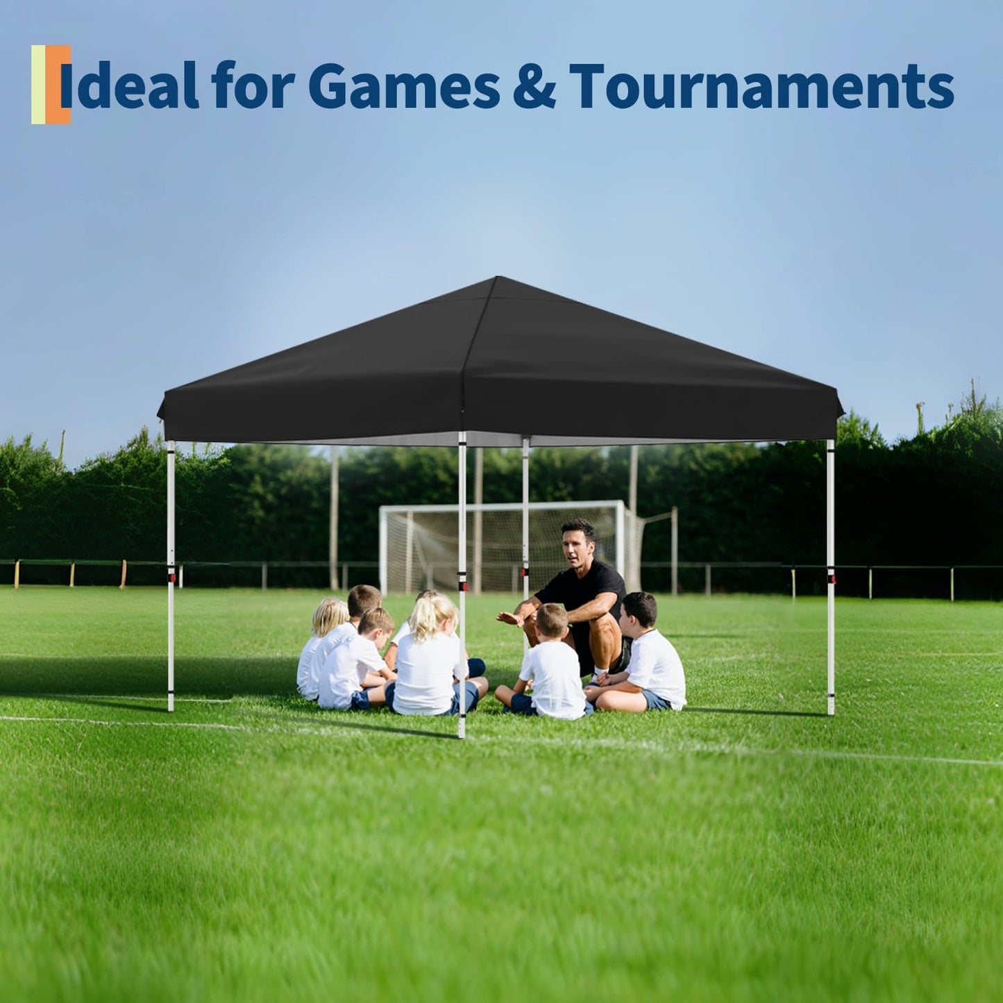 GarveeLife 10x10 Pop Up Canopy with One Sidewalls - Easy Up Camping Tent with One Button Push Setup - 1 Roller Bag, 3 Adjustable Height, 4 Weight Bags for Deck, Garden, Sports, Beach, Party - Black