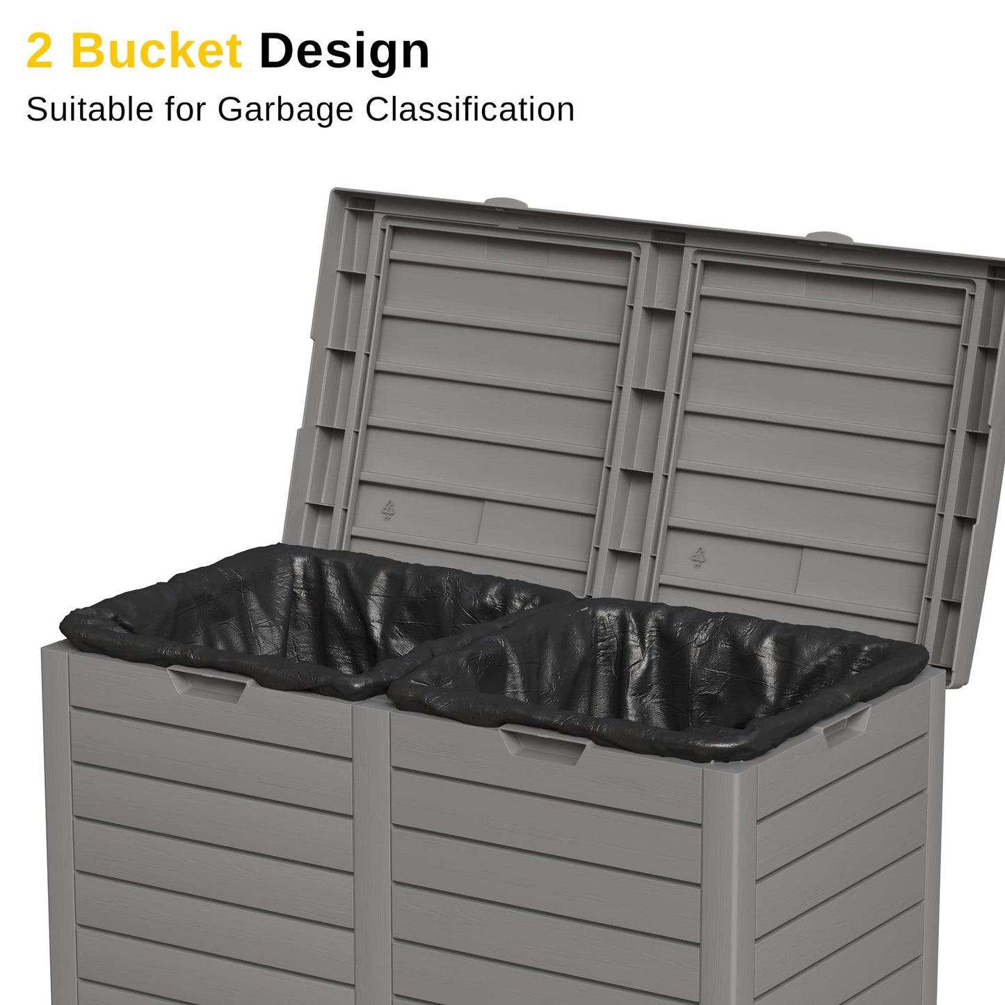 East Oak 62 Gallon Outdoor Trash Can | Waterproof Resin Garbage Can Featuring Tiered Lid & Drip Tray | Outside Trash Bin for Kitchen, Patio | Backyard & Deck | Gray Color