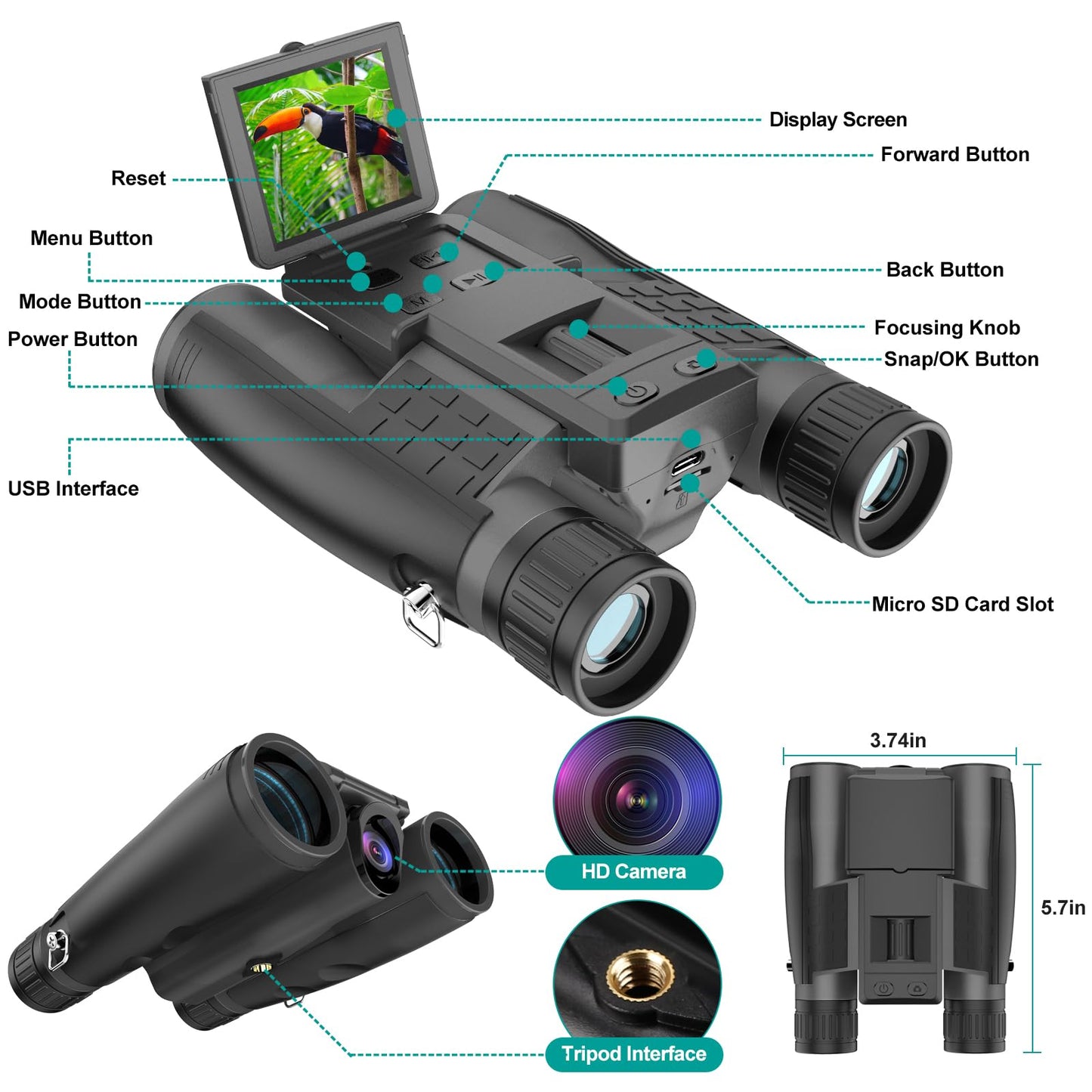 ZZSTAR Binoculars for Adults High Powered, 12x32 Binoculars with Camera, 2" LCD Display, 5MP 1080P Video Photo Recording, Large View for Bird Watching Hunting Travel with 32GB Card - Black