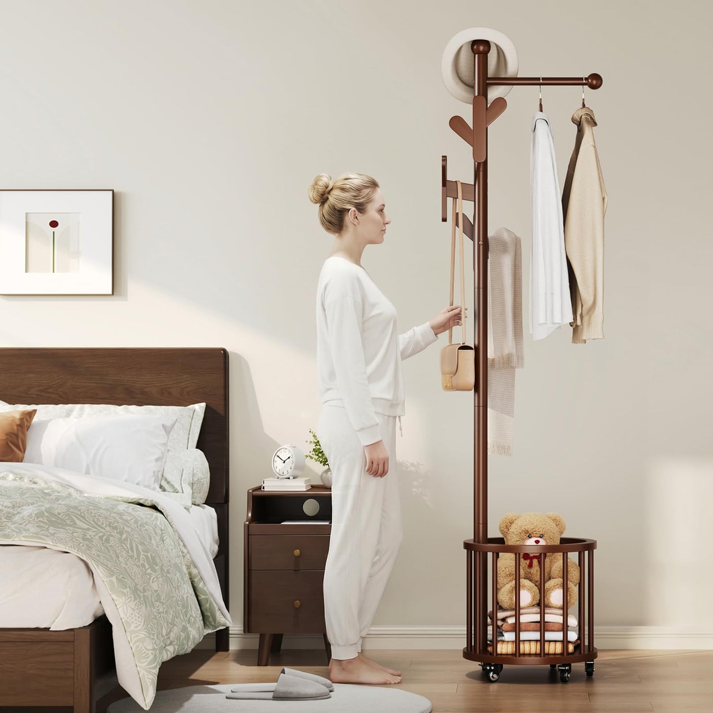 VOOVY Heavy Duty Coat Rack with Wheels & Storage Basket - Solid Rubberwood Standing Hat Rack with 10 Hooks, 4 Casters, Rolling Garment Rack for Bedroom Entryway Living Room, Walnut, Easy Assembly