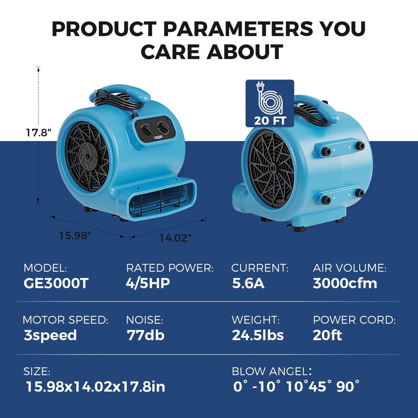 ALORAIR 3000 CFM Air Mover Blower Fan for Industrial, Floor Drying Fan, Carpet Dryer - Timer, Stackable, 3 Speeds, 5 Adjustable Angles Ideal for Water Damage Restoration and Plumbing - GE3000T
