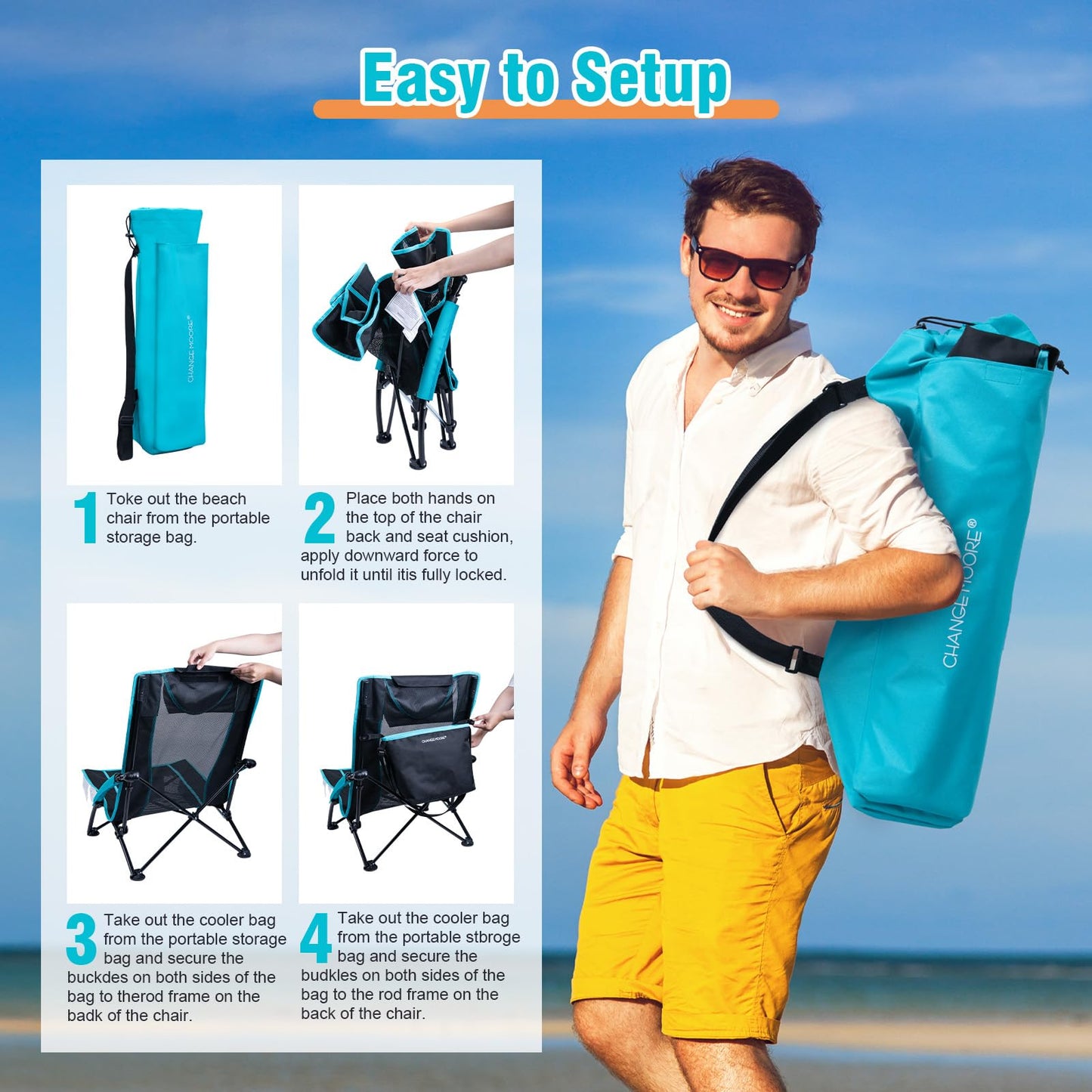 CHANGE MOORE Low Beach Chair with 2-in-1 Cooler Bag, Support up to 300lbs Folding Beach Chairs for Adults 2 Pack with Cup Holder, Removable Pillow & Carry Bag for Outdoor Sand Lawn Picnic Travel Blue